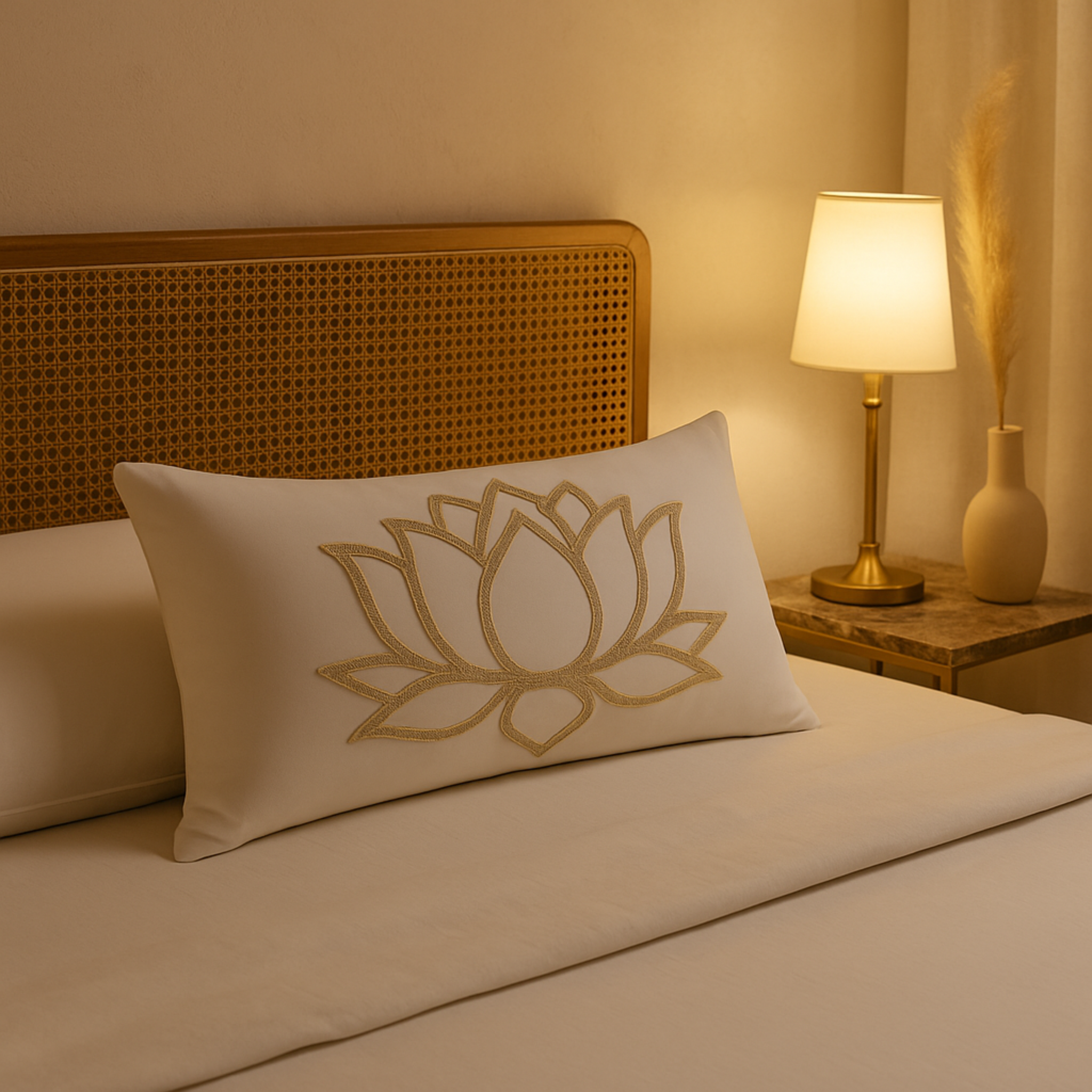 Coussin Rectangulaire Lotus Beige – Élégance Zen | Fiolla Home Tunisie