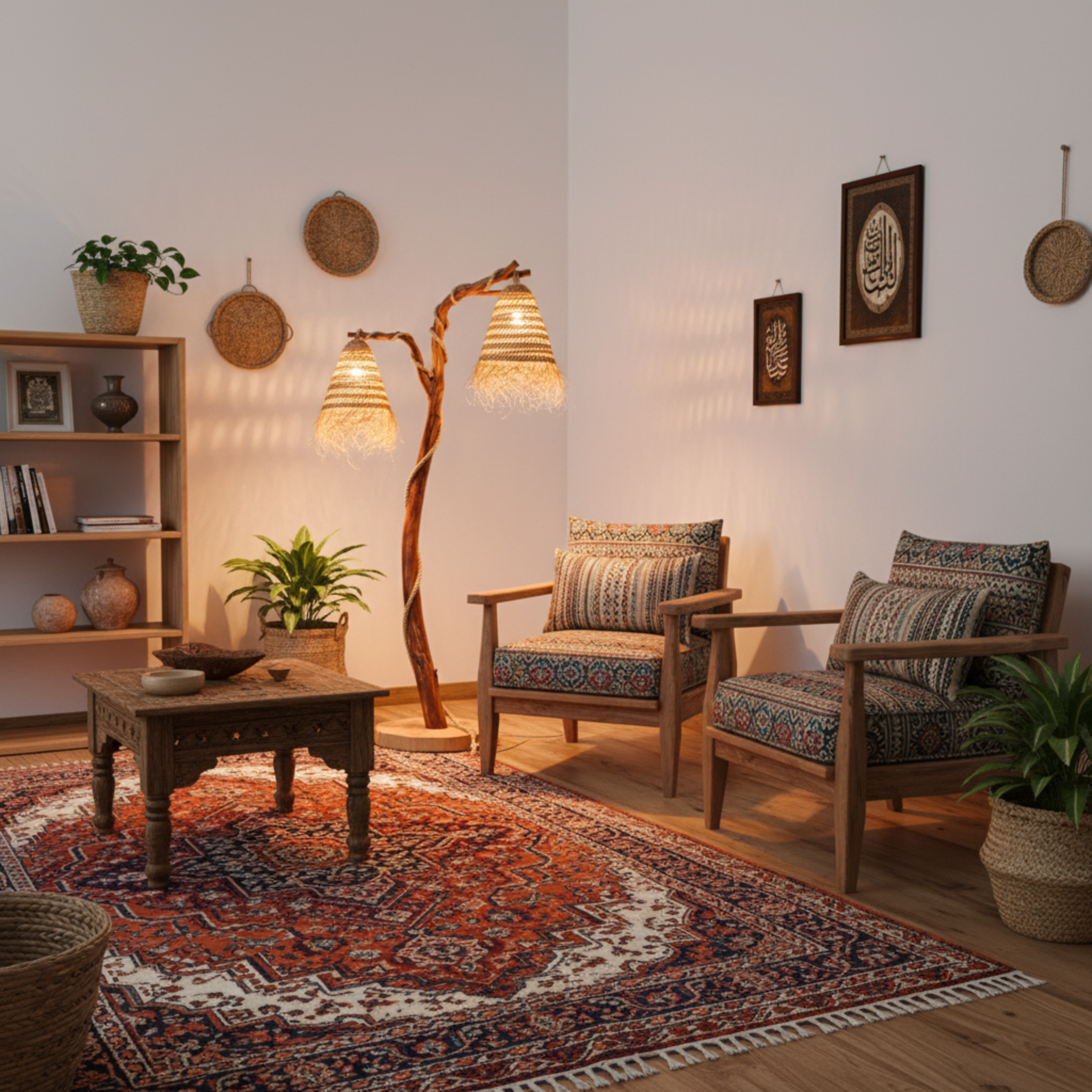 Lampadaire Artisanal en Bois Flotté et Fibres Naturelles – Design Unique