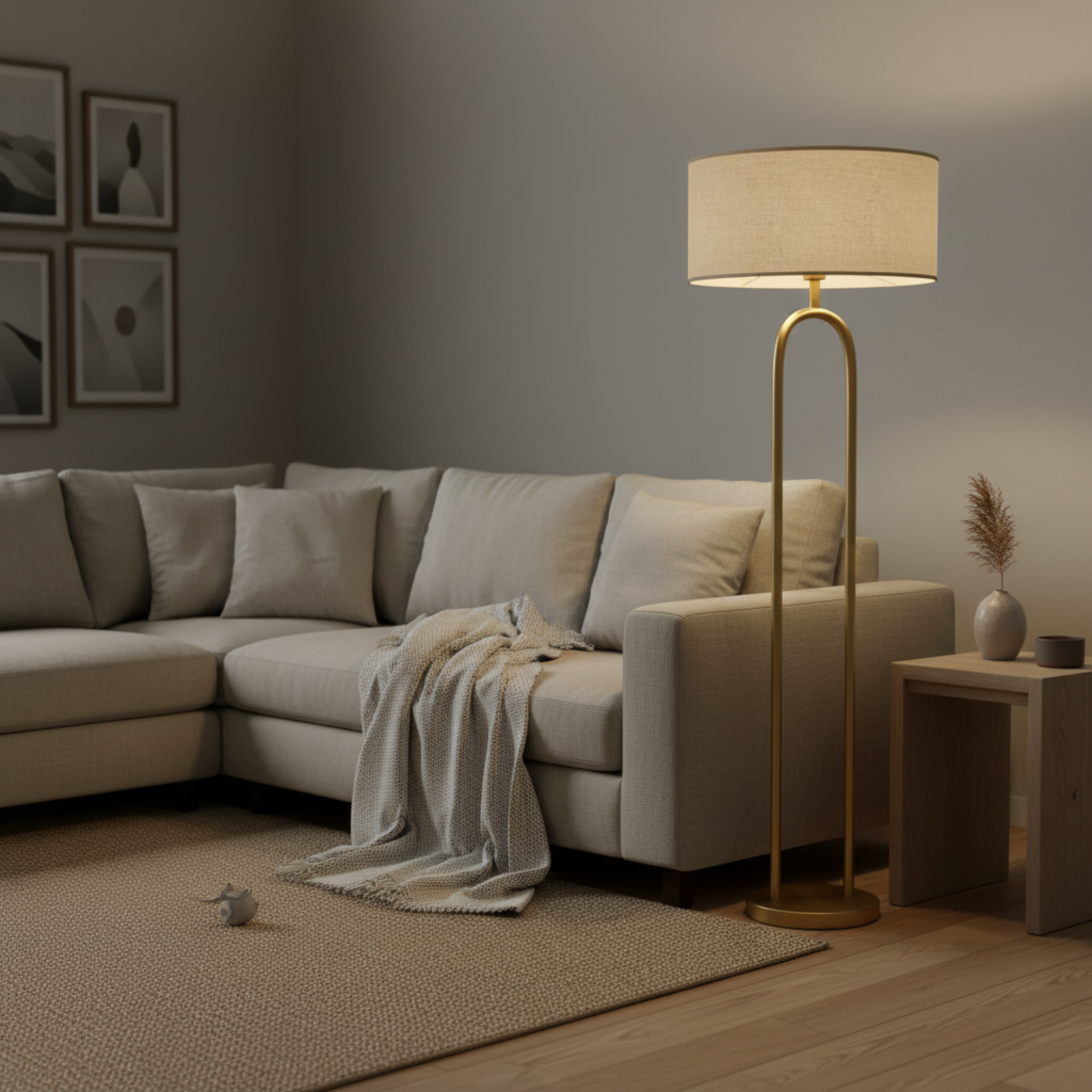 Lampadaire Design Arceau Doré – Élégance Moderne & Abat-jour Beige