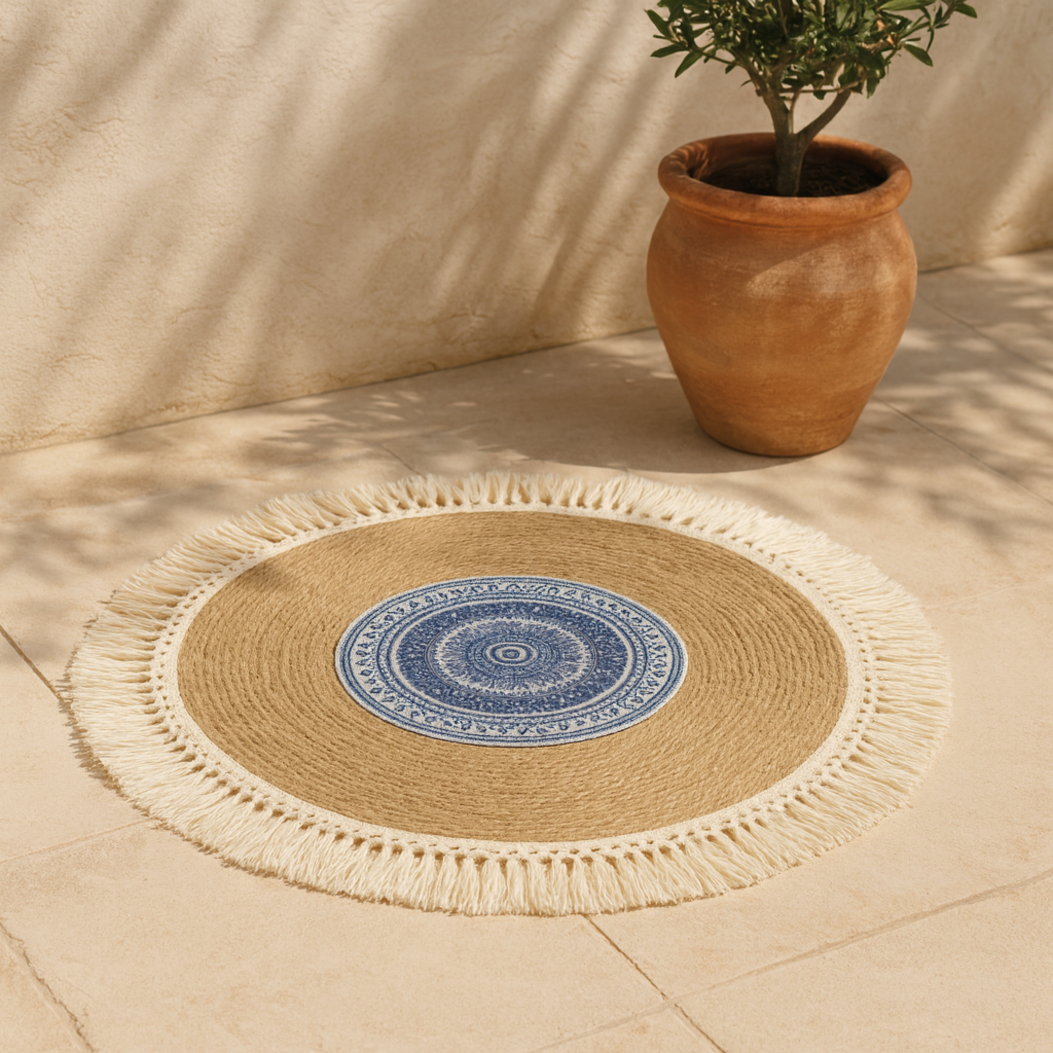 Tapis rond jute mandala bleu à franges | Tunisie | Fiolla Home