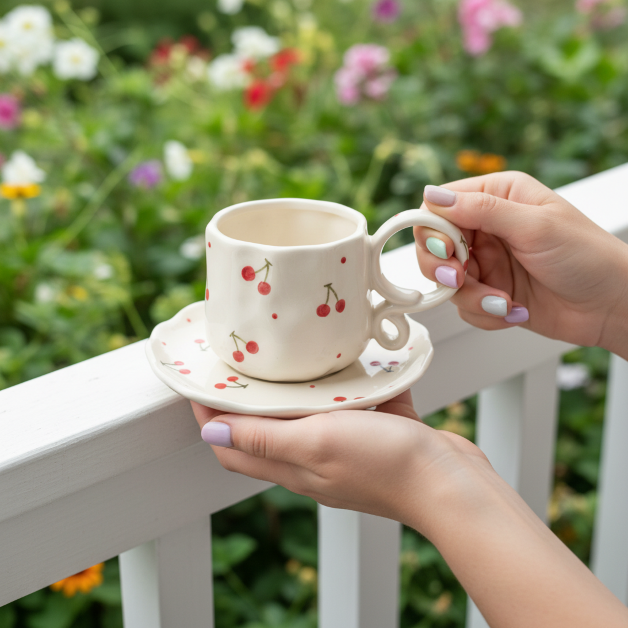 Set Tasse & Soucoupe Cerises en Céramique – Design Tendance & Artisanal