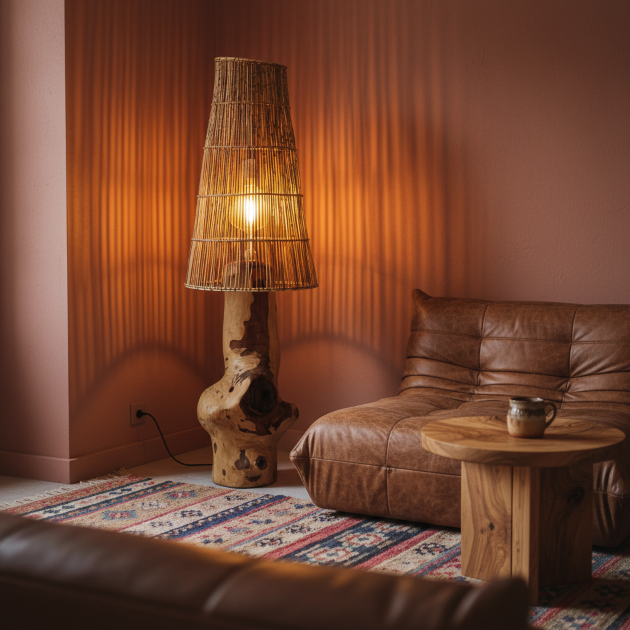 Lampadaire Artisanal Bois & Fibres de Palmier Fait Main | Fiolla Home