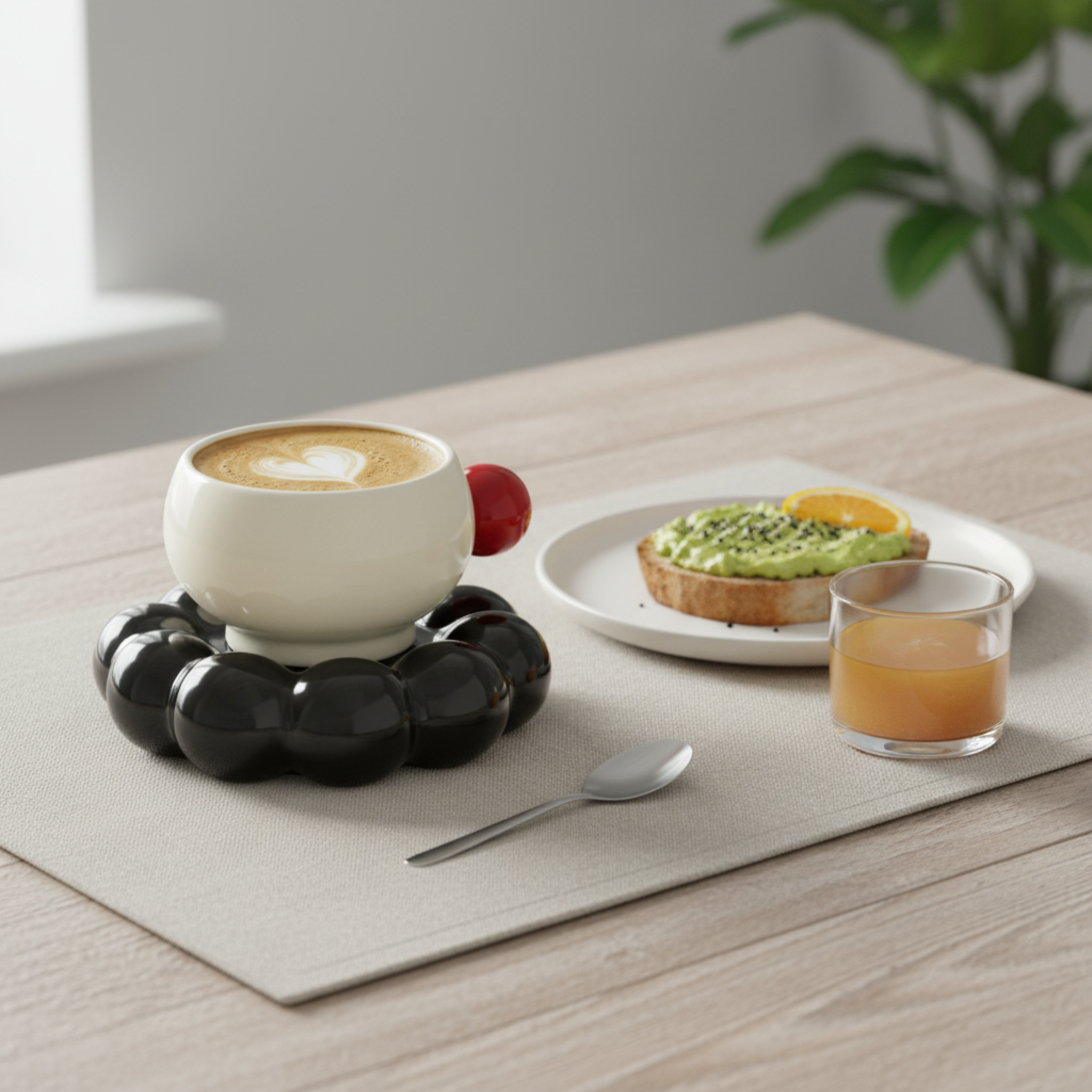 Tasse Design "Bubble" Céramique – Soucoupe Noire & Anse Rouge