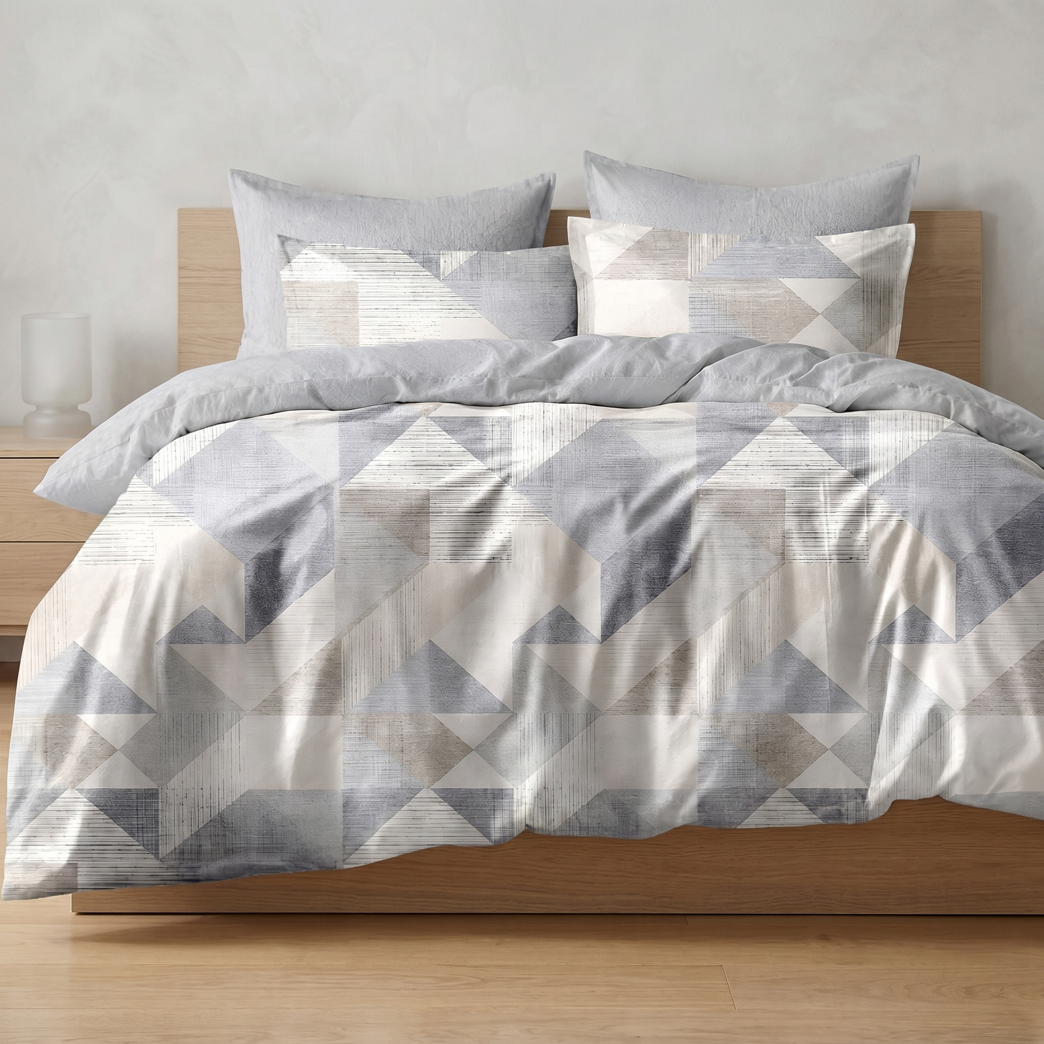 Ensemble Parure de Lit Satin Coton Motif Triangles Bleu Gris | Fiolla Home