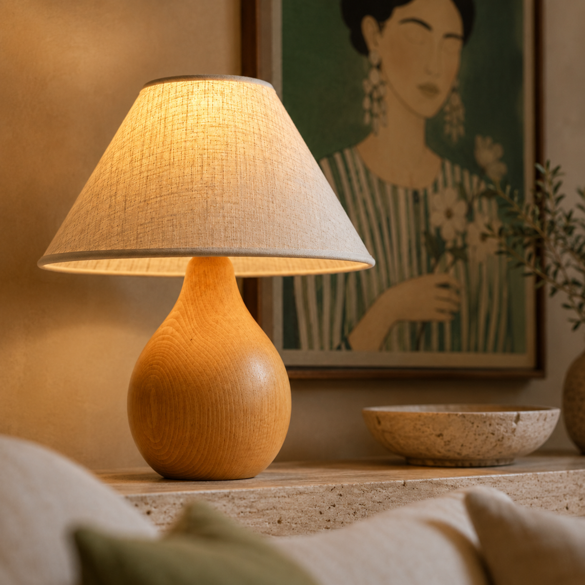 Lampe à Poser Bois Tunisie | Pied Galbé Abat-Jour Lin | Fiolla Home