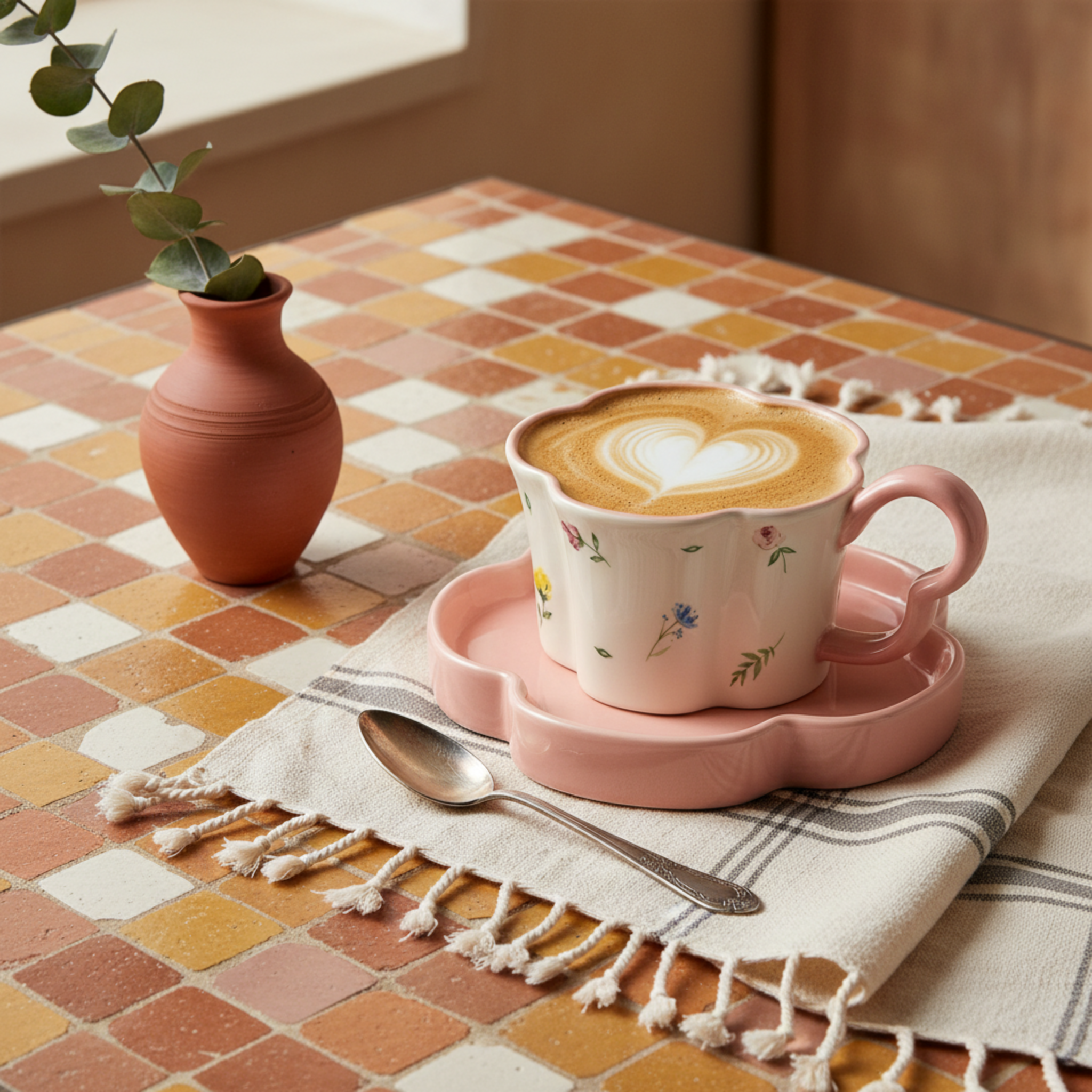 Mug Fleur Rose Céramique & Soucoupe – Idée Cadeau Cute Tunisie