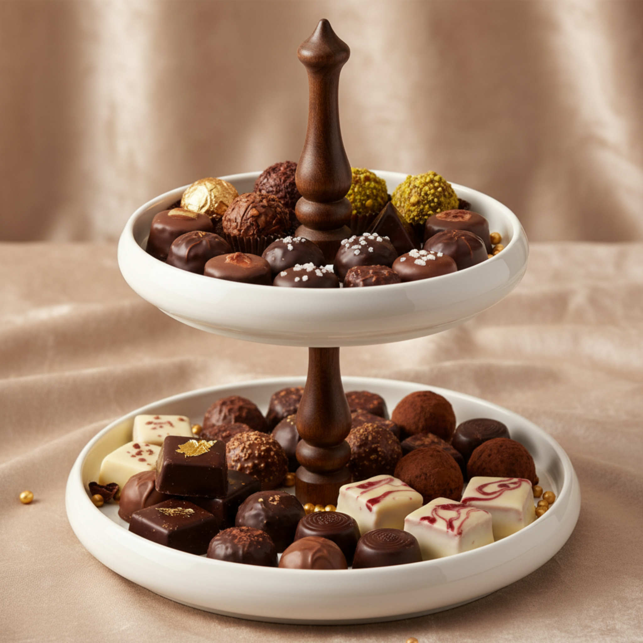 Serviteur 2 Étages Design en Céramique & Bois – Présentoir Chic