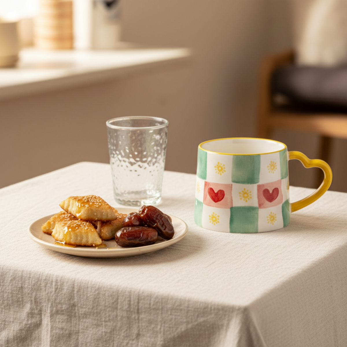 Mug Damier Vert et Cœurs | Anse Jaune en Forme de Cœur