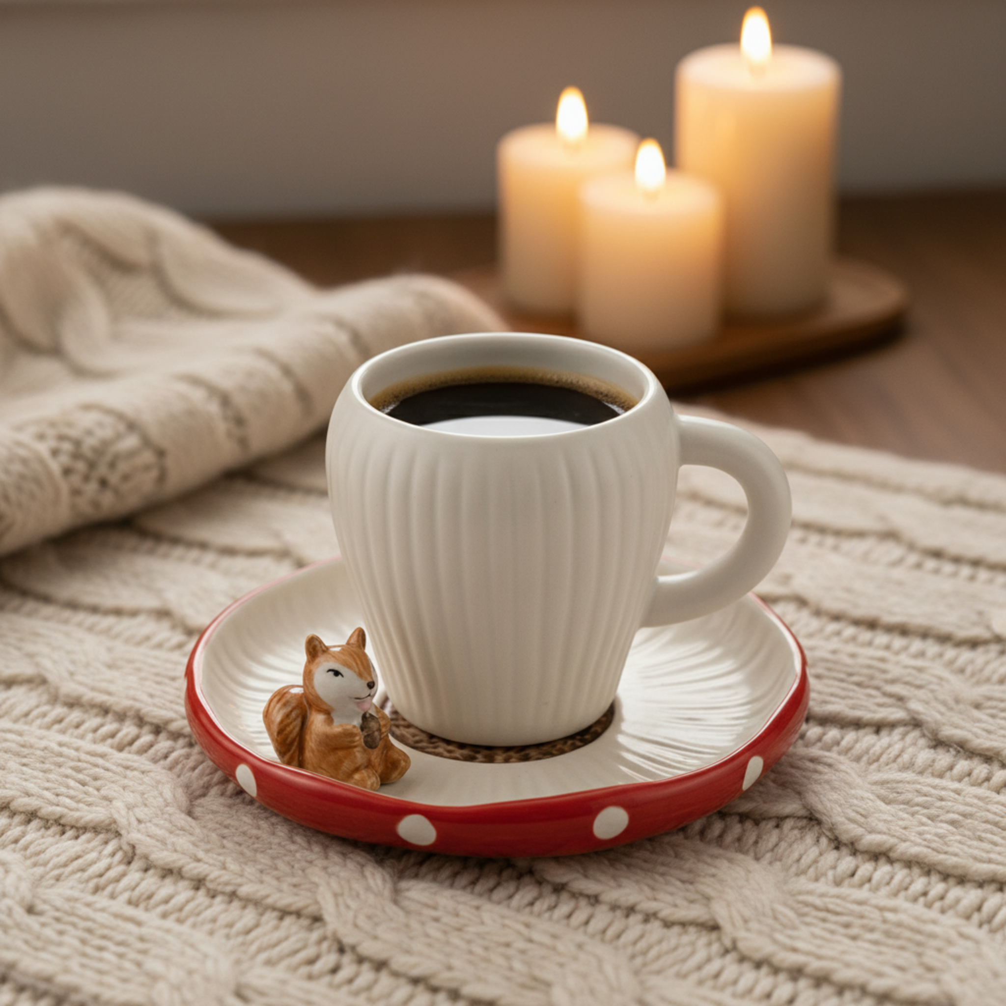 Tasse Design Écureuil & Soucoupe Champignon - Céramique Tendance
