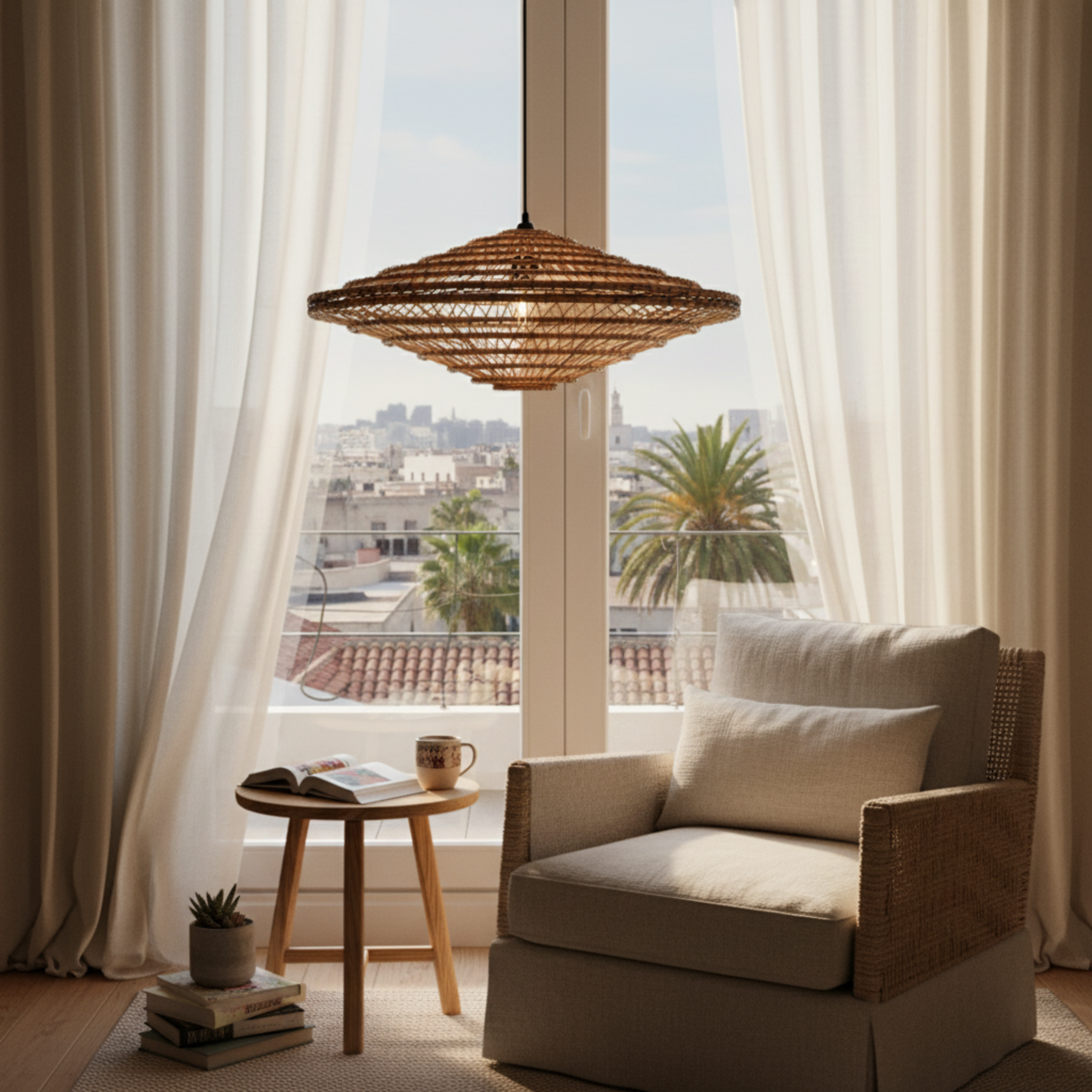 Lustre artisanal en fibres de dattes – Suspension bohème et naturelle