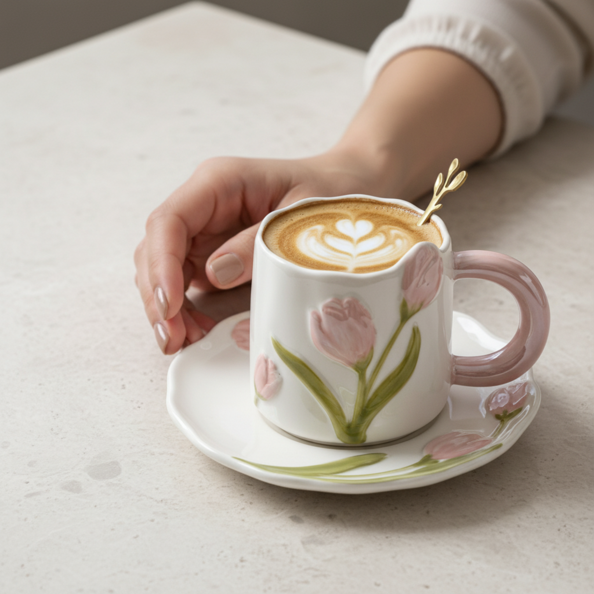 Mug Tulipe Rose en Céramique avec Sous-Tasse – Édition Élégante