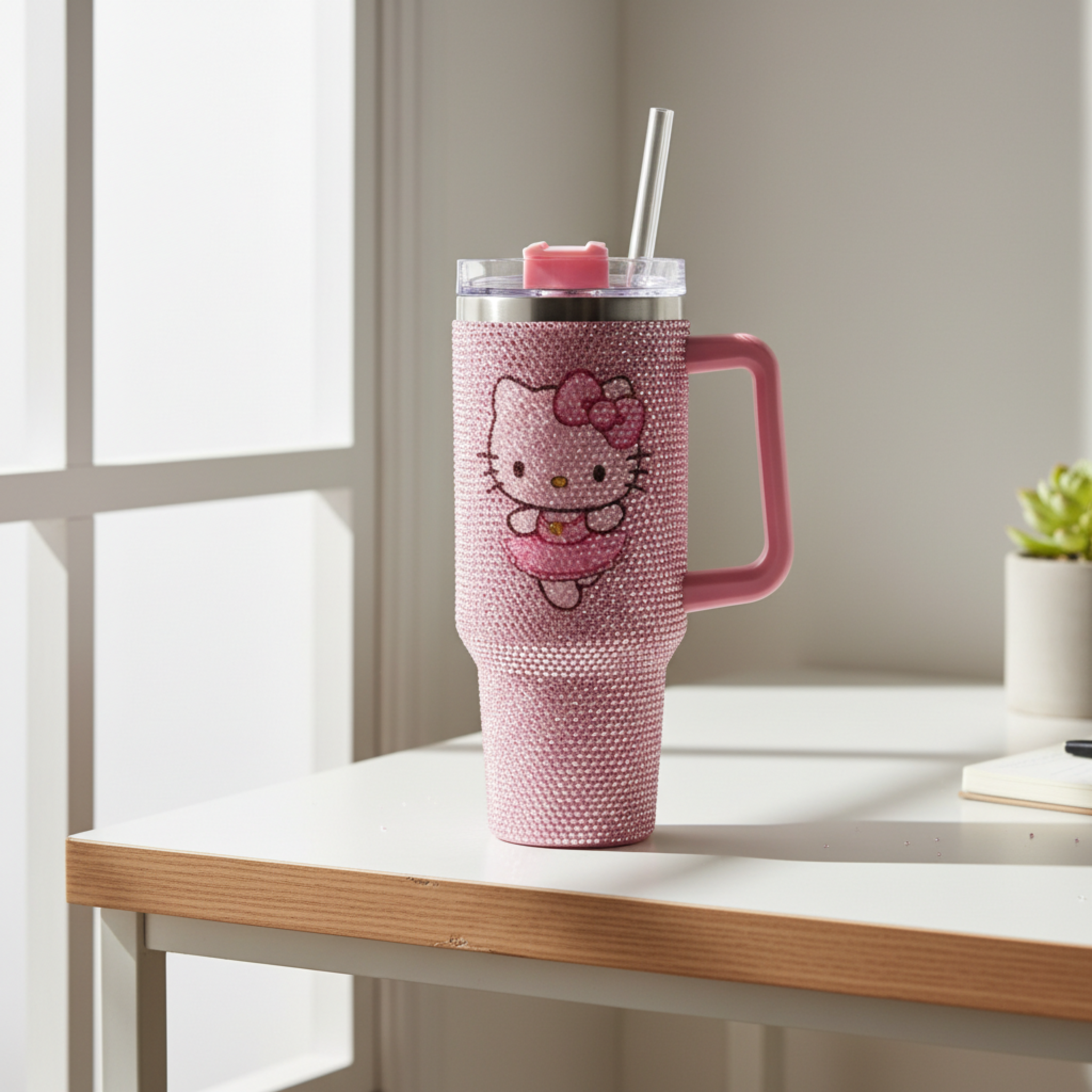 Thermos Hello Kitty Rose avec Paille – Strass Brillant
