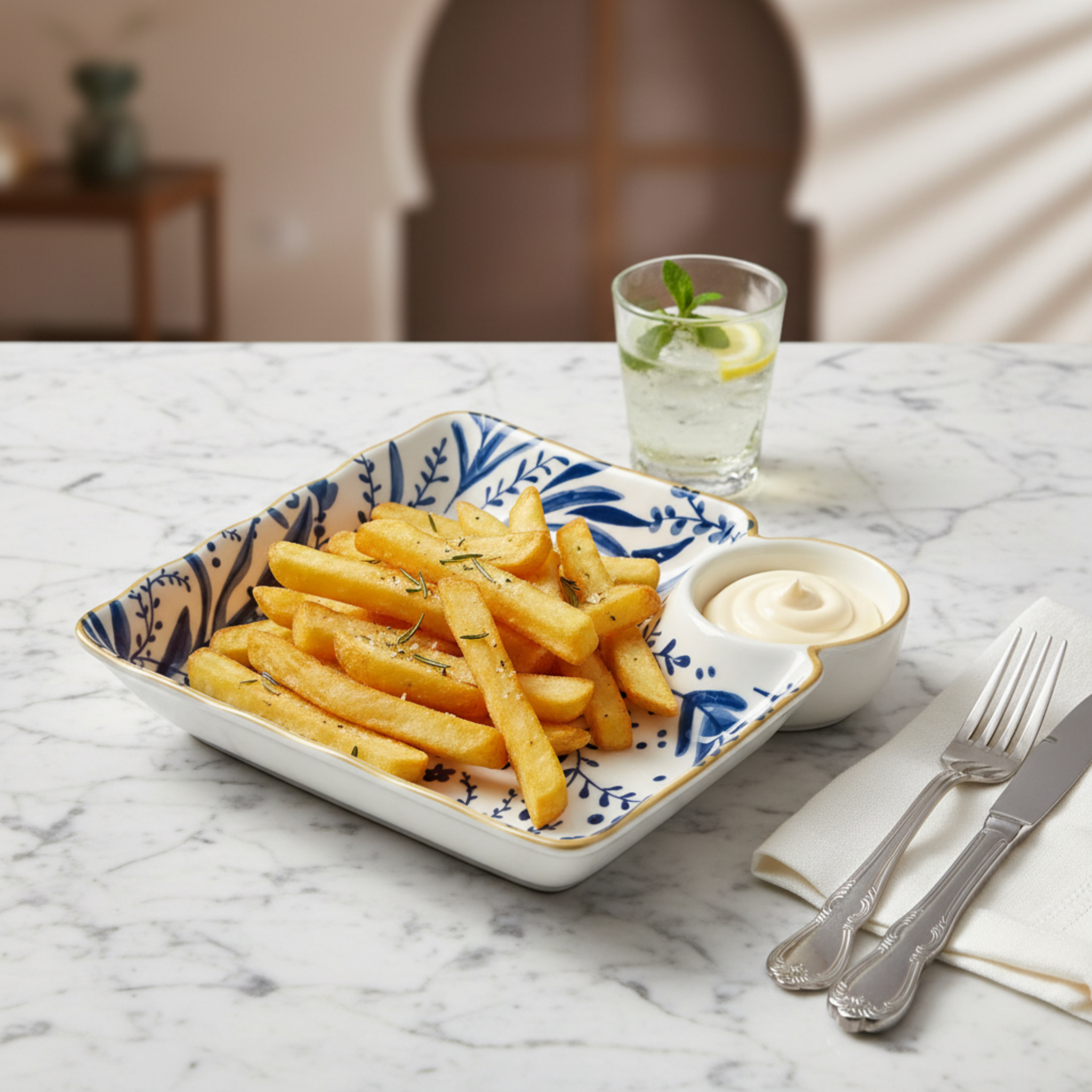 Plat de Service Céramique Bleu & Blanc avec Bol Sauce Intégré