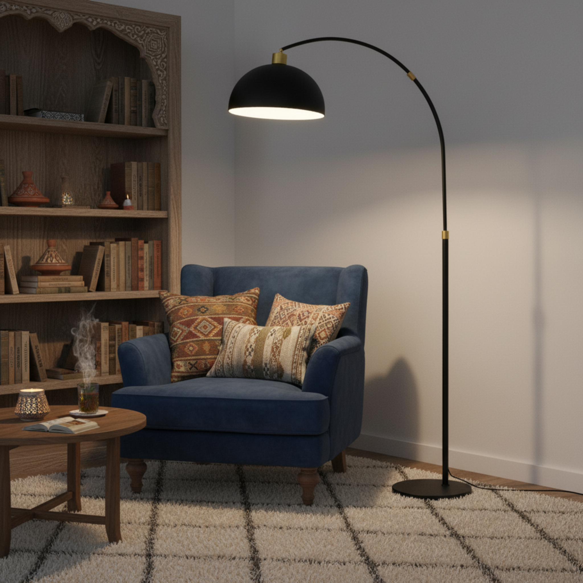 Lampadaire Arc Noir Moderne avec Détails Dorés – Élégance Design