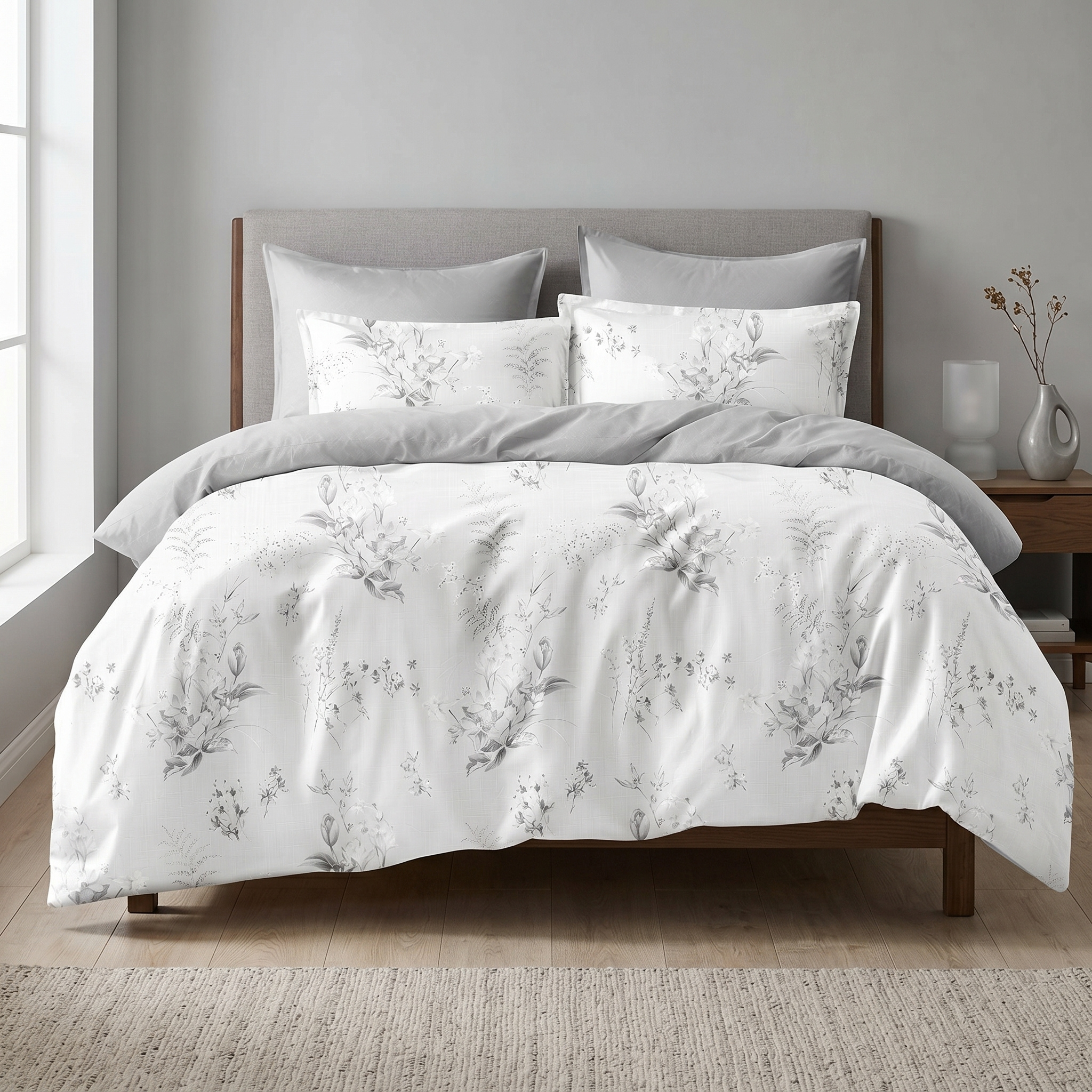 Ensemble Parure de Lit Satin Coton Motif Floral Blanc Gris | Fiolla Home