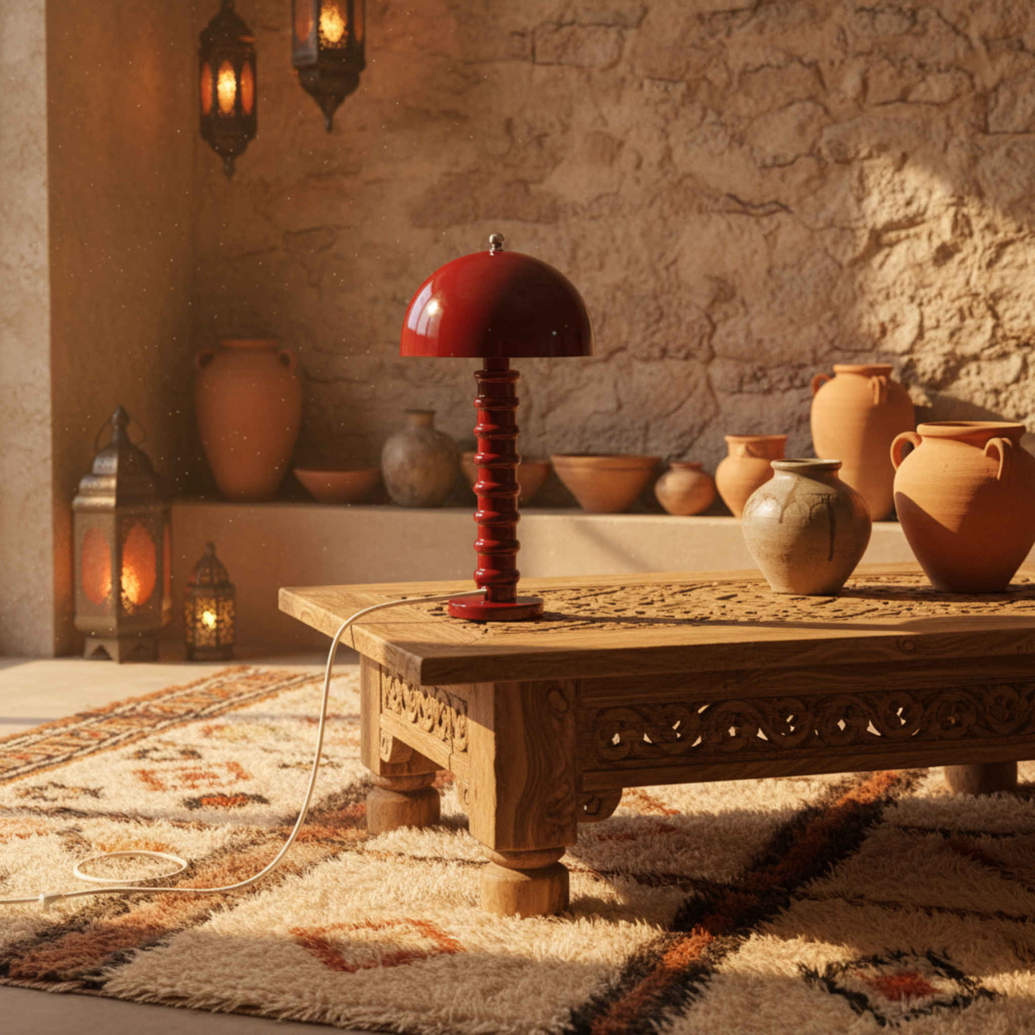 Lampe de Table "Mushroom" Rouge Laqué | Pièce Artisanale Fait Main - Haute Qualité