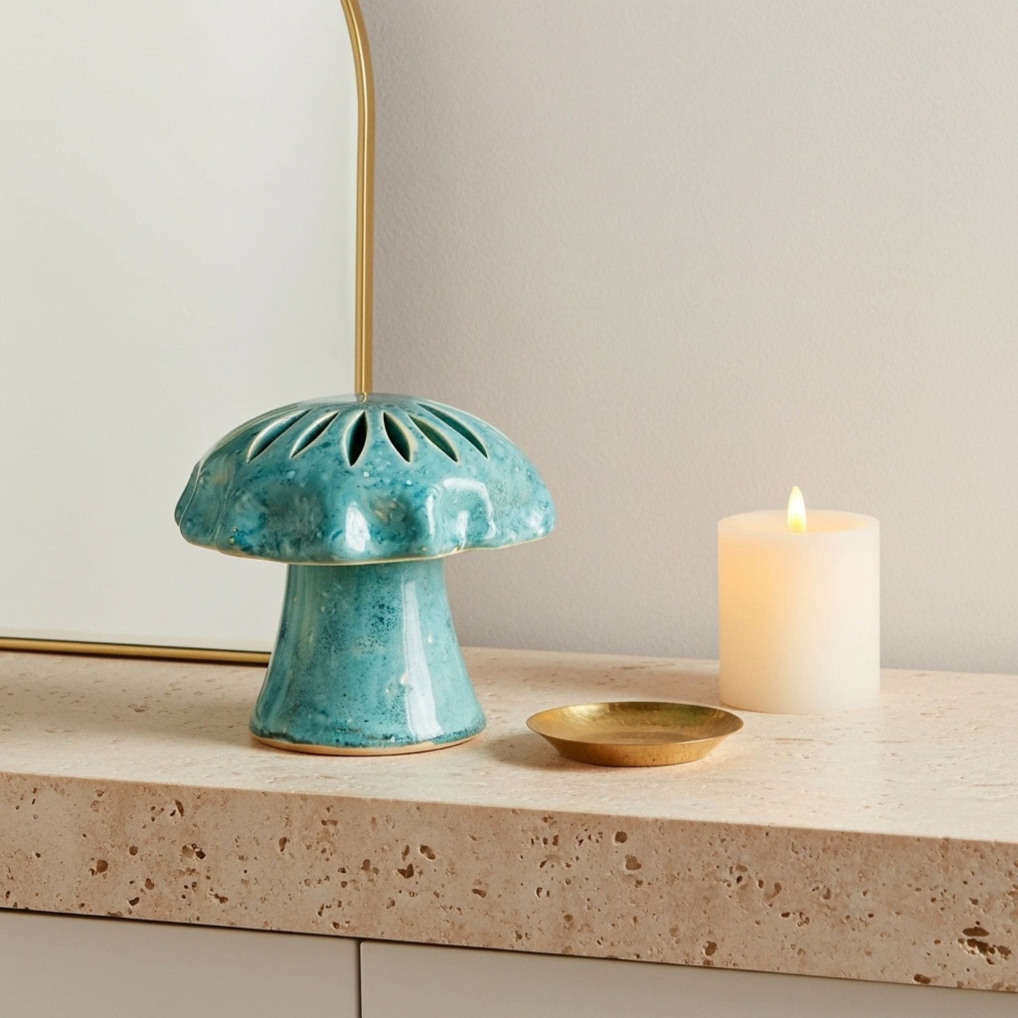 Cache-bougie Champignon en céramique turquoise – Style tunisien