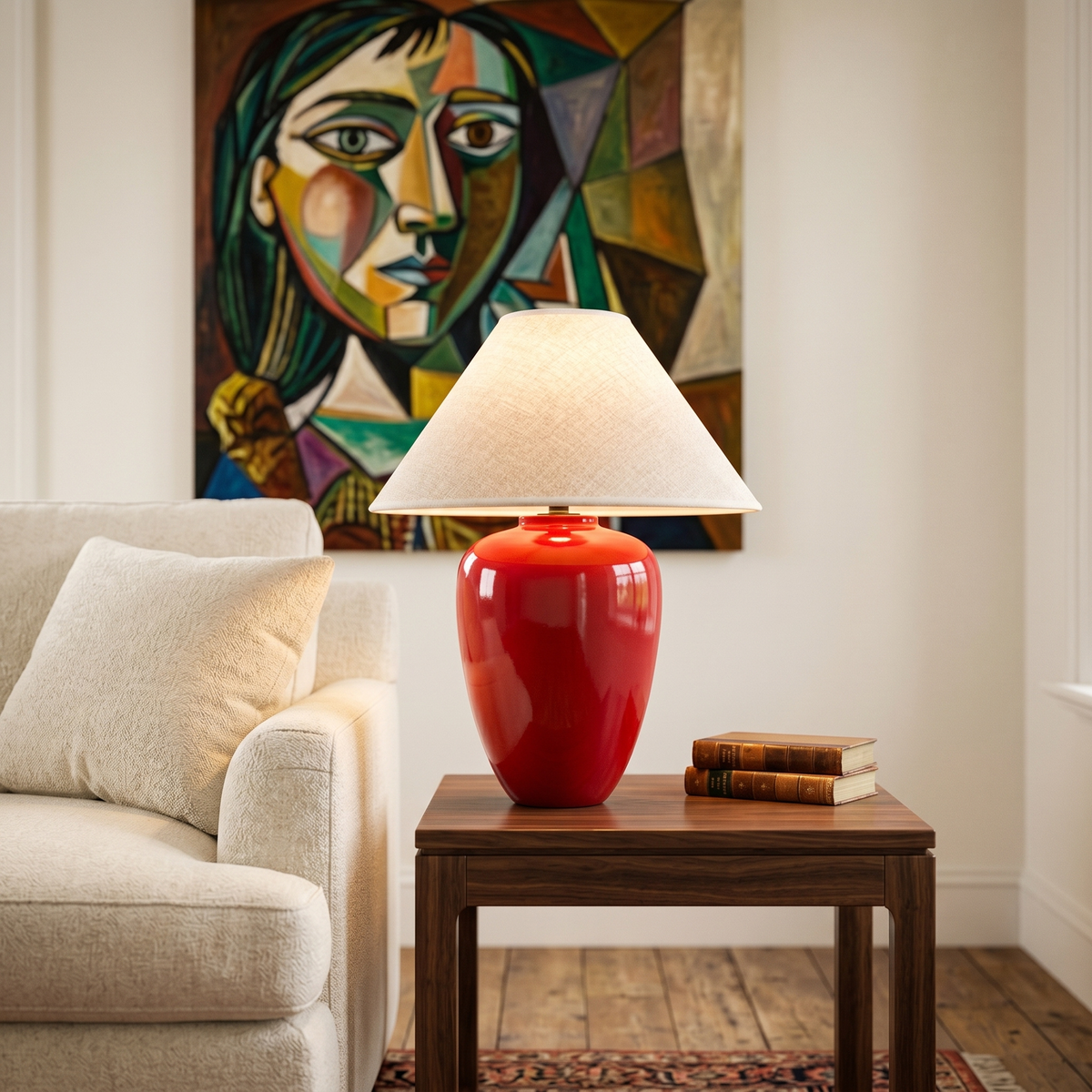 Lampe à Poser Rouge Tunisie | Pied Bois Satiné Élégant | Fiolla Home