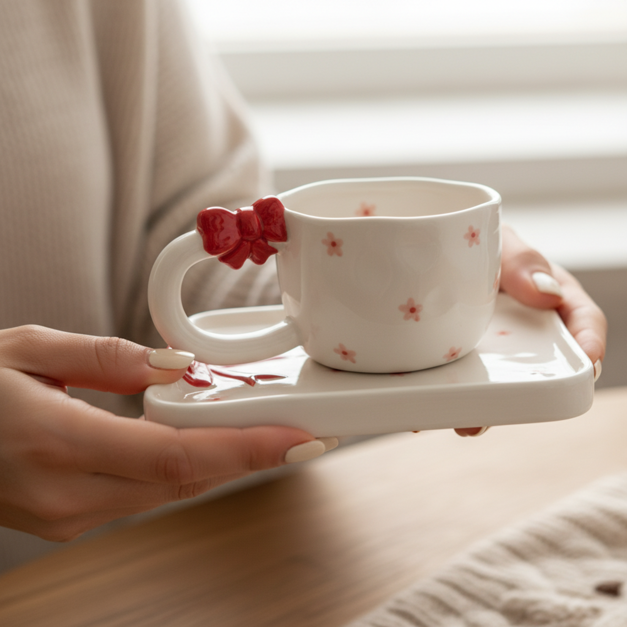 Mug Céramique Coquette Nœud Rouge & Fleurs - Tasse avec Soucoupe Design