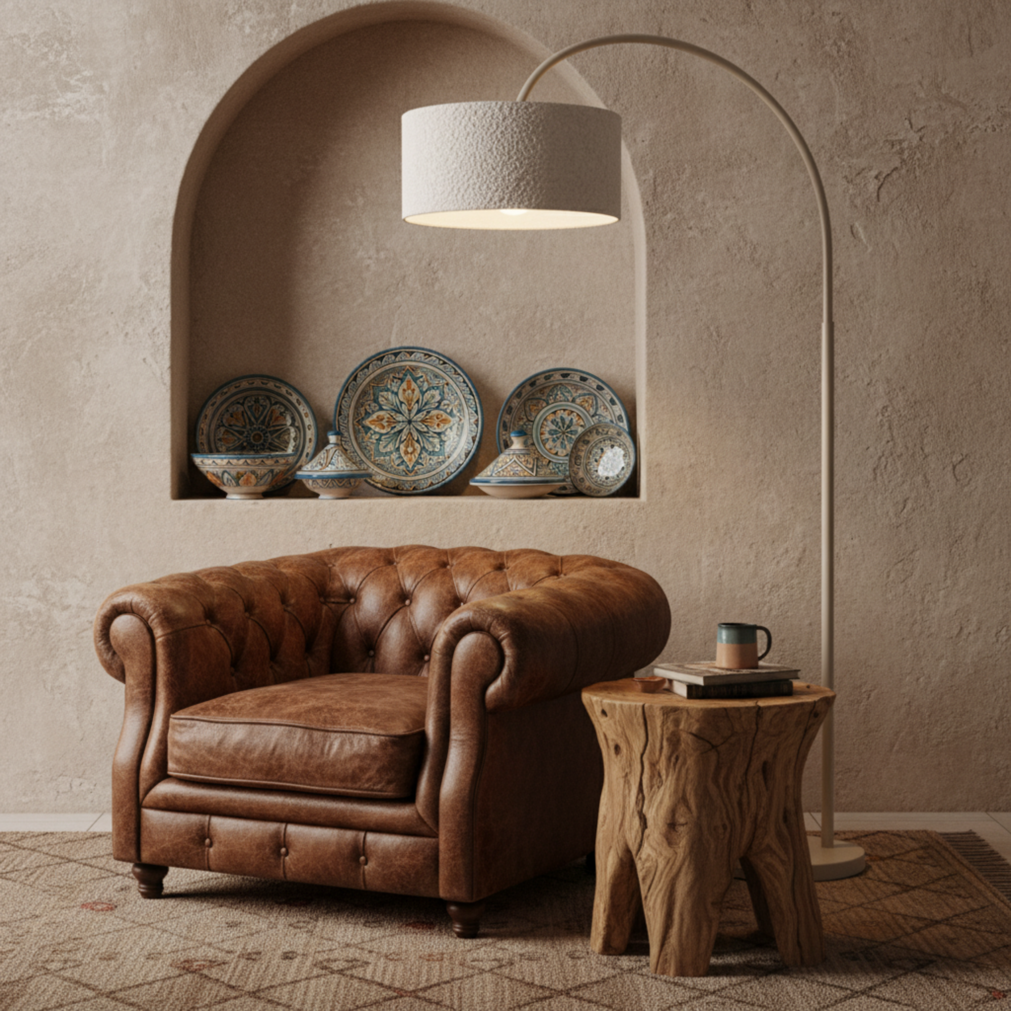 Lampadaire Arc Design en Tissu Bouclette Grège – Élégance Tunisie