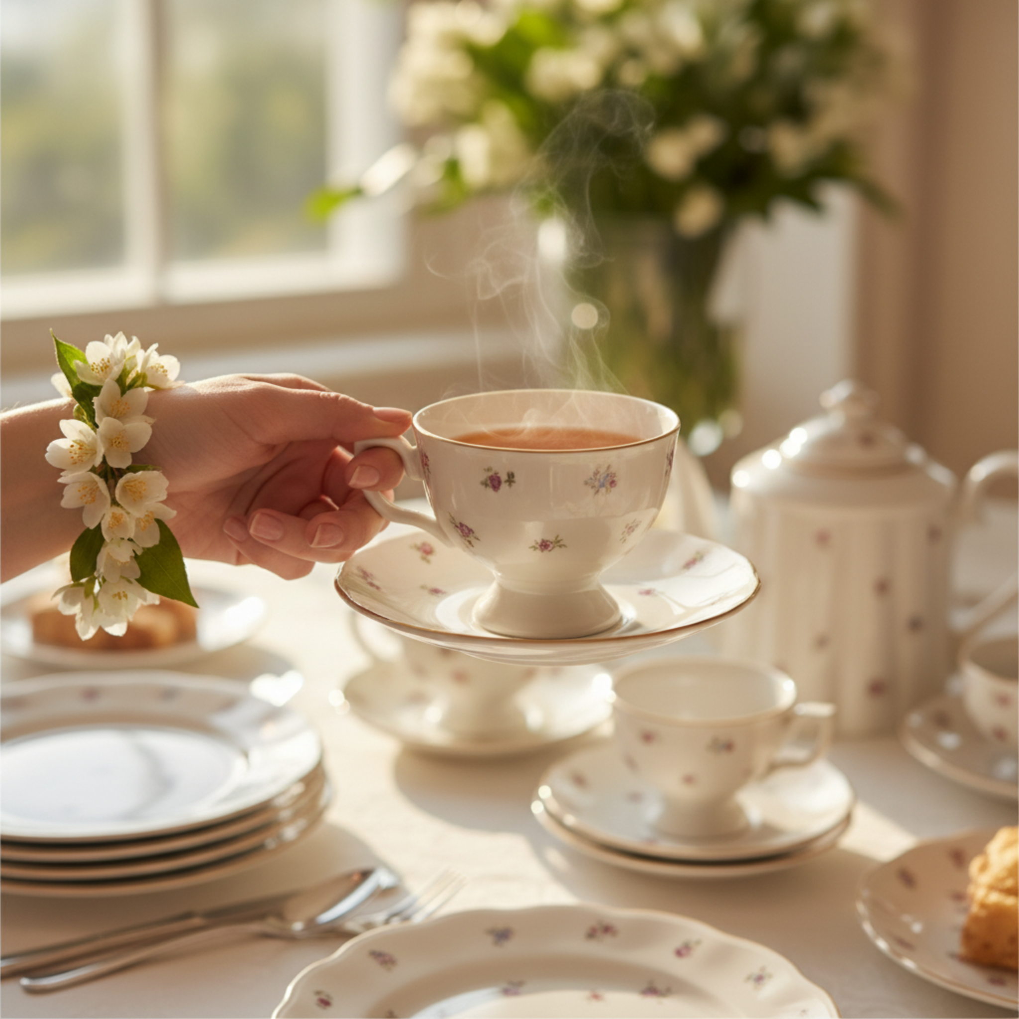 Service Petit Déjeuner 29 Pièces - Porcelaine Motif Floral & Or