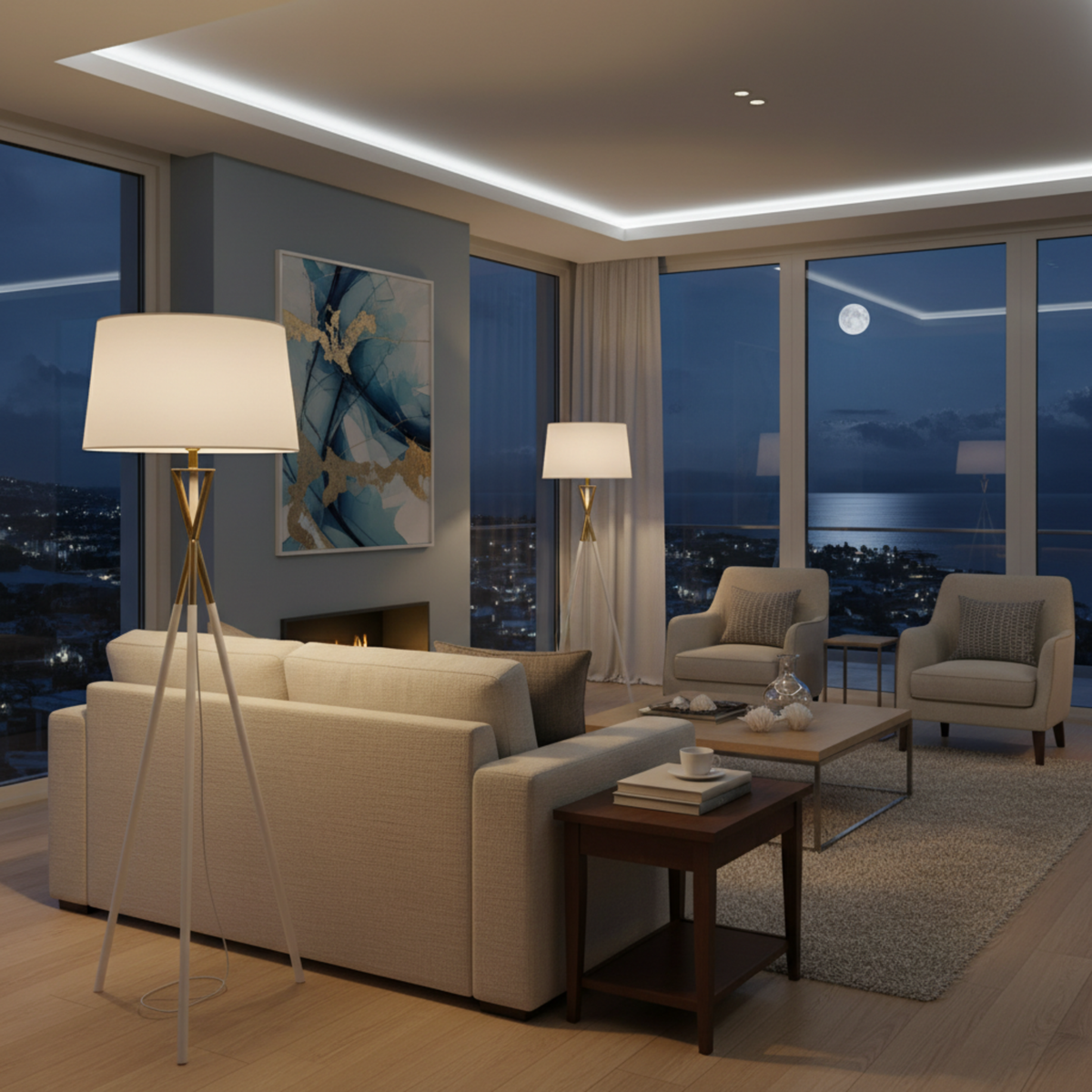 Lampadaire Trépied "Luxe Blanc & Or" – Design Scandinave Chic Tunisie