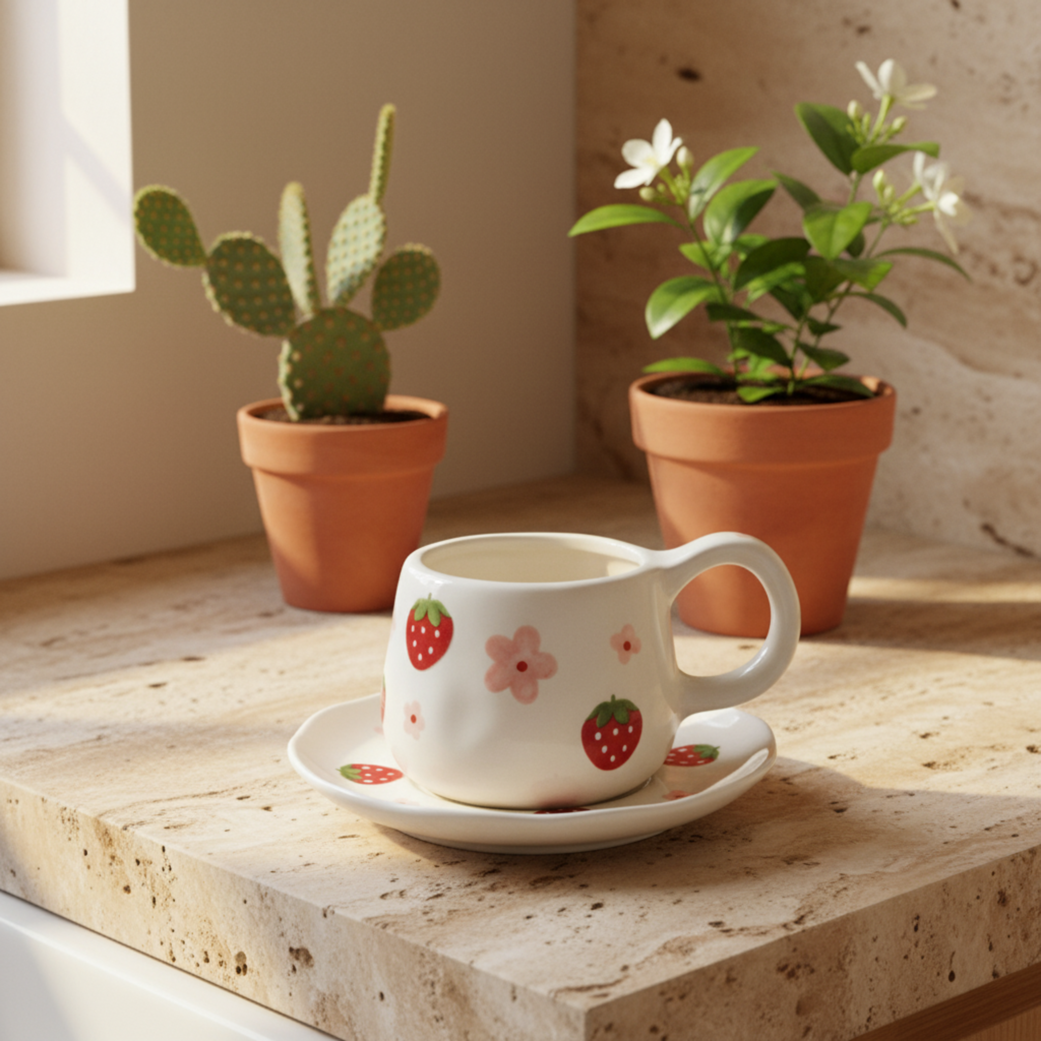 Tasse Céramique Motif Fraise & Soucoupe – Design Floral Tendance