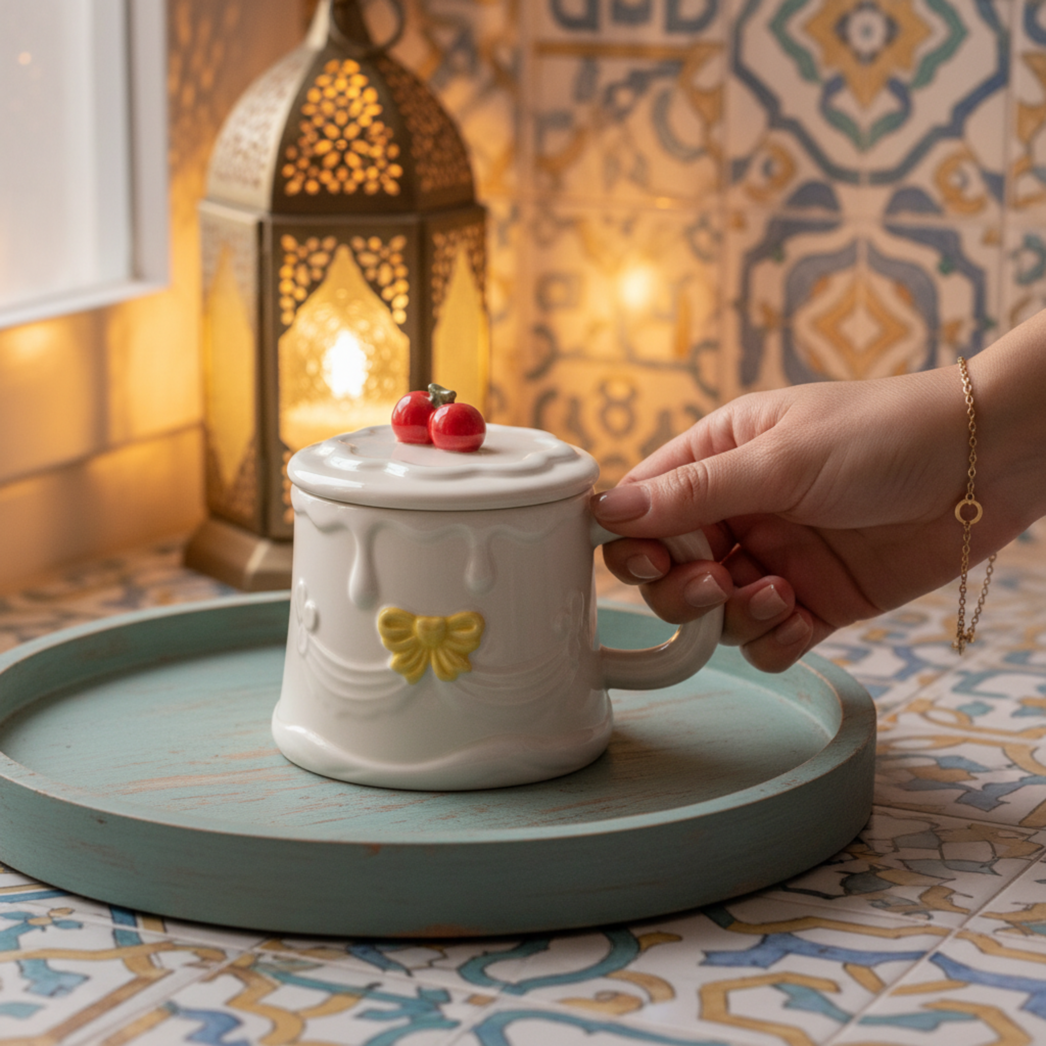 Mug Gâteau Blanc & Nœud Jaune avec Couvercle Cerise – Déco & Cadeau