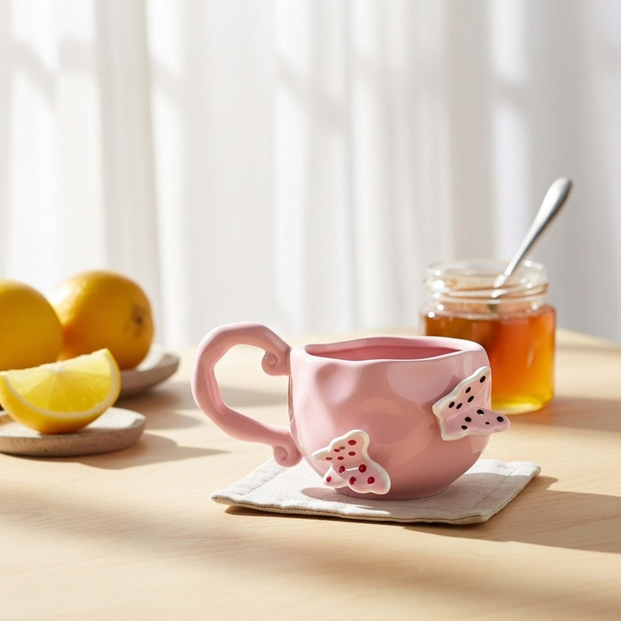 Mug Céramique Rose Papillons – Anse Sculptée | Fiolla Home Tunisie