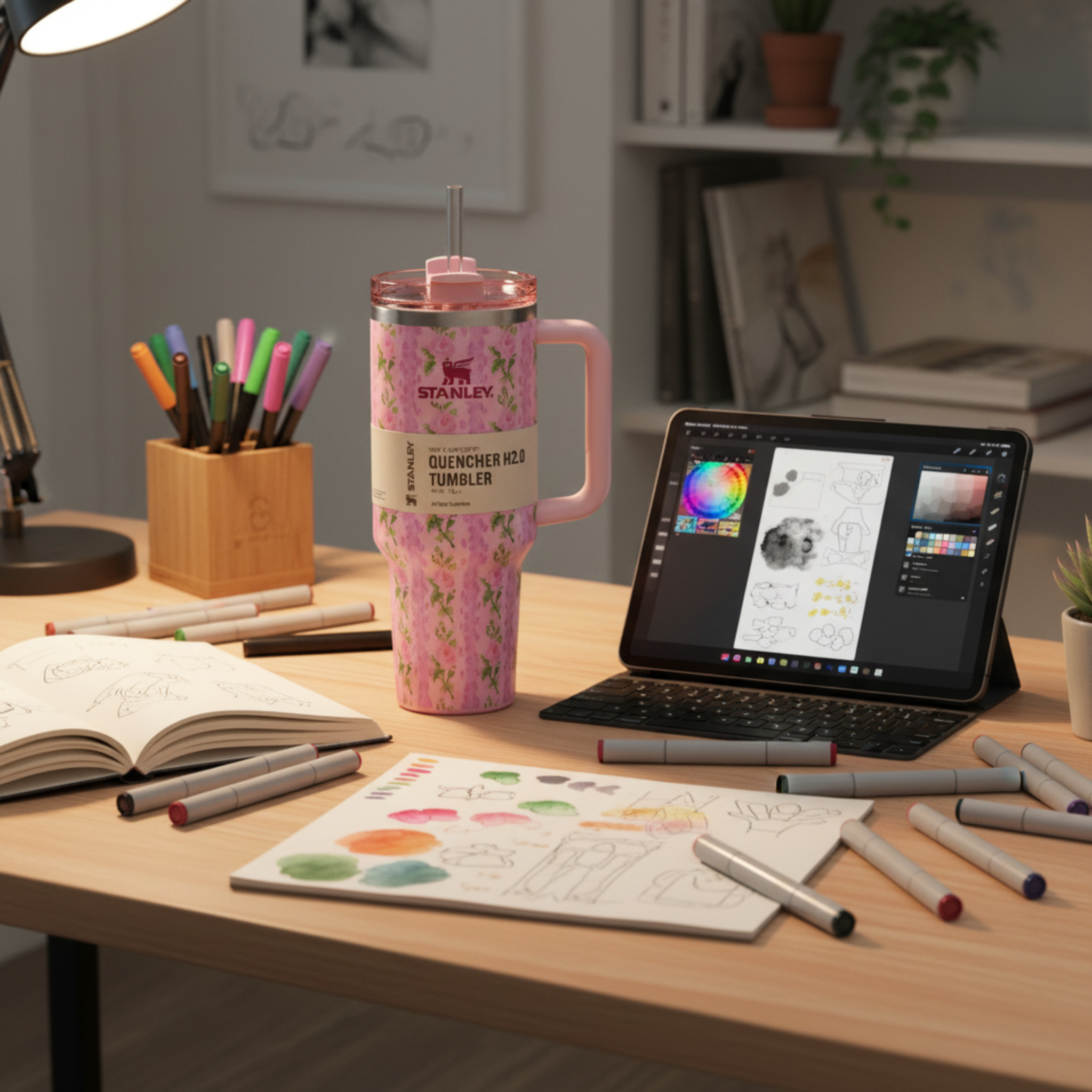 Gobelet Isotherme XXL avec Paille & Poignée - Motif Floral Rose