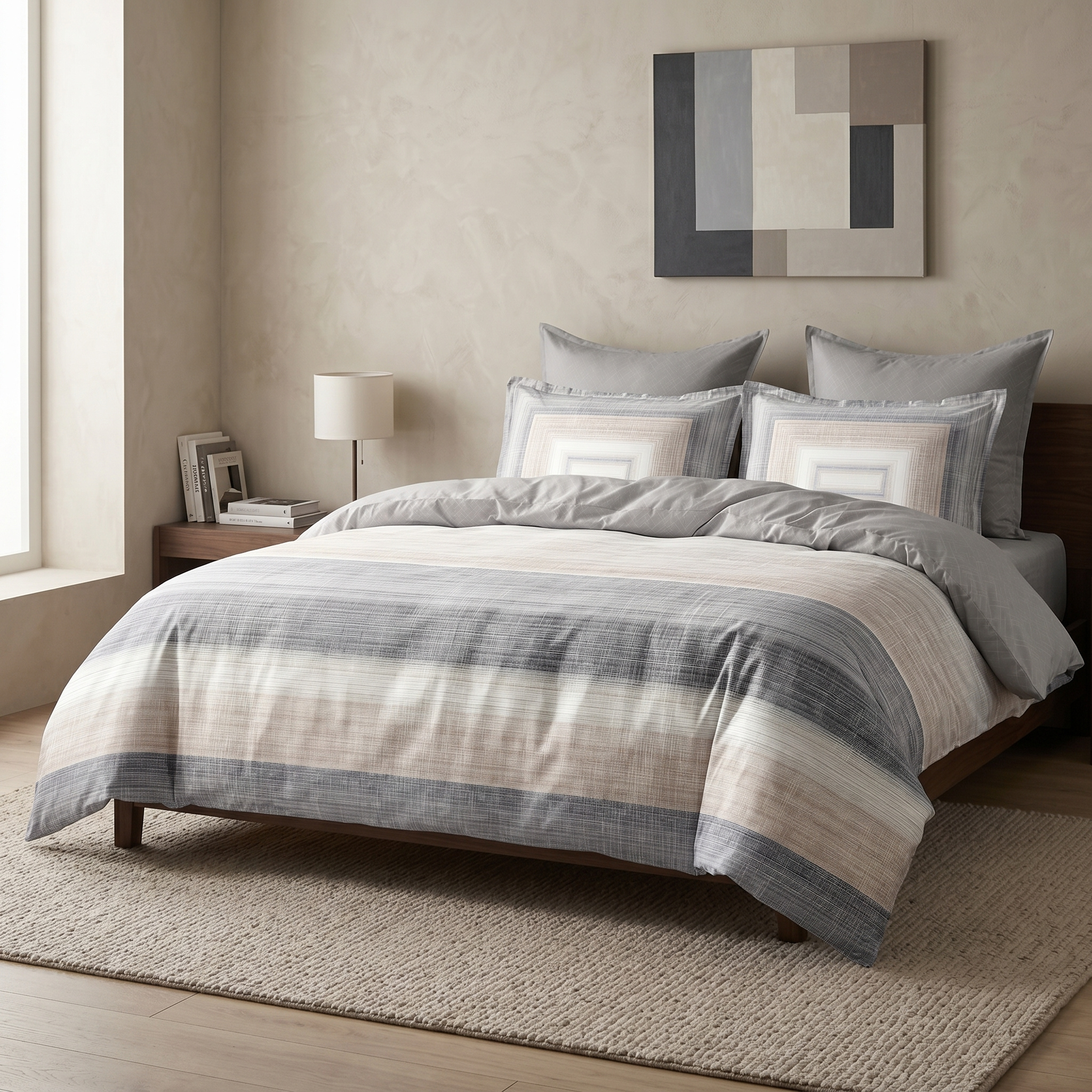 Ensemble Parure de Lit Satin Coton Rayures Texturées Gris Beige | Fiolla Home
