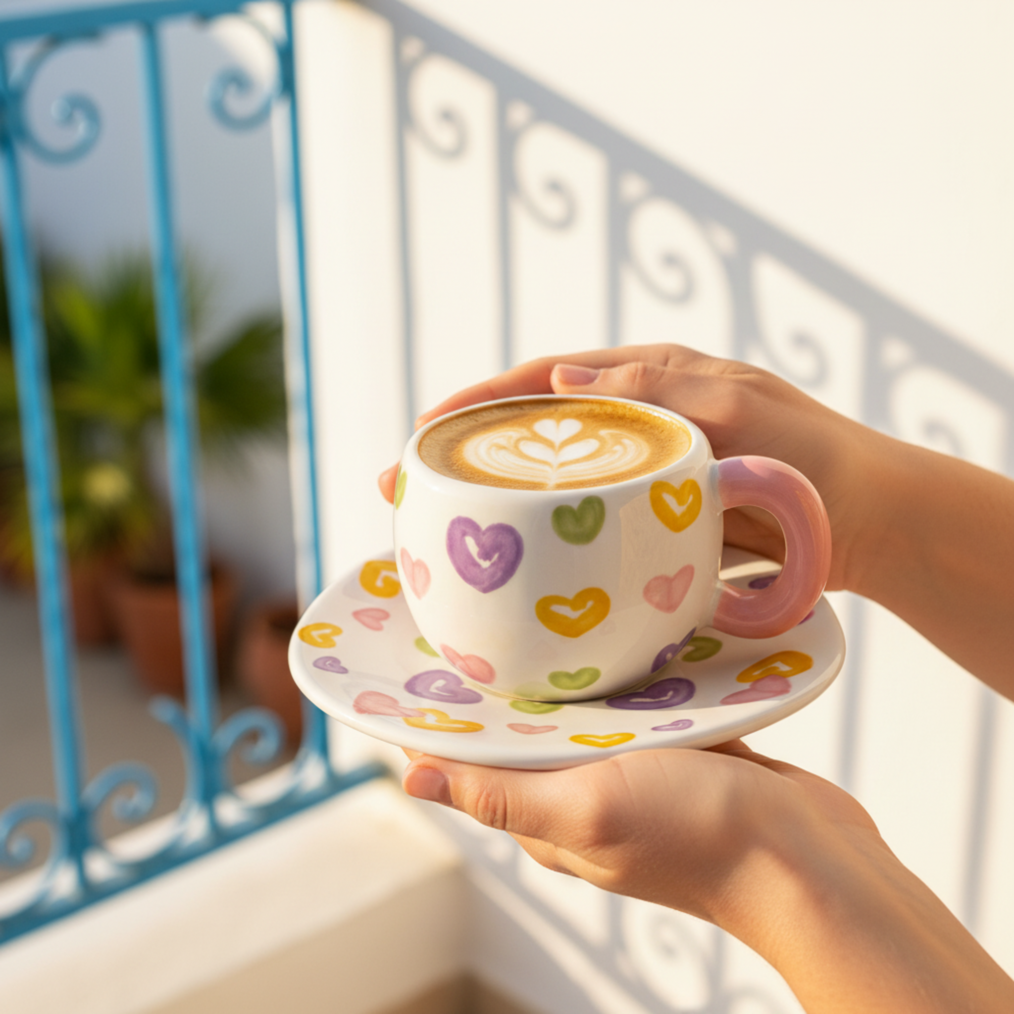 Duo Tasse & Soucoupe "Love Hearts" – Céramique Tendance & Colorée