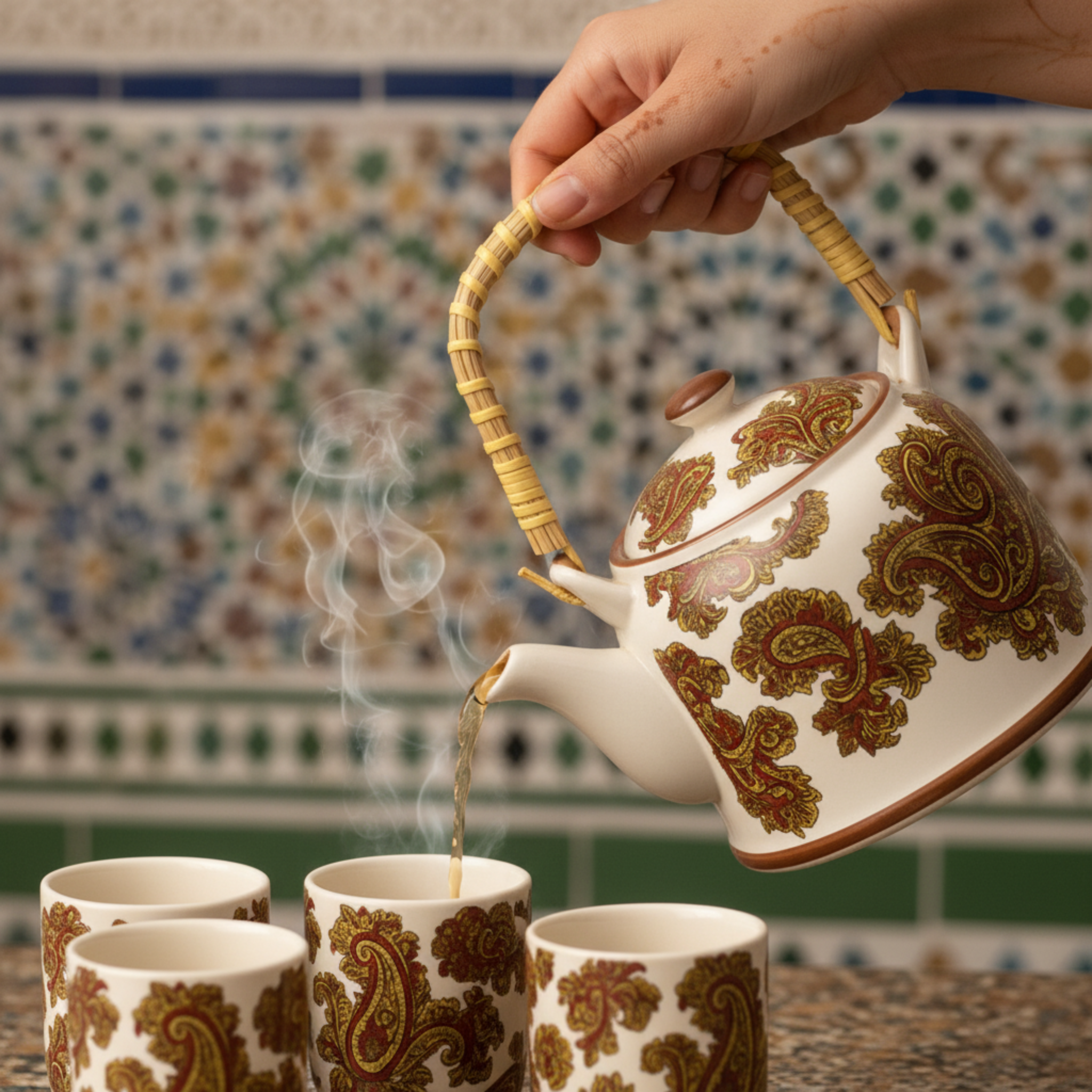 Service à Thé Crème Paisley Or-Rouge – Céramique 7 pièces