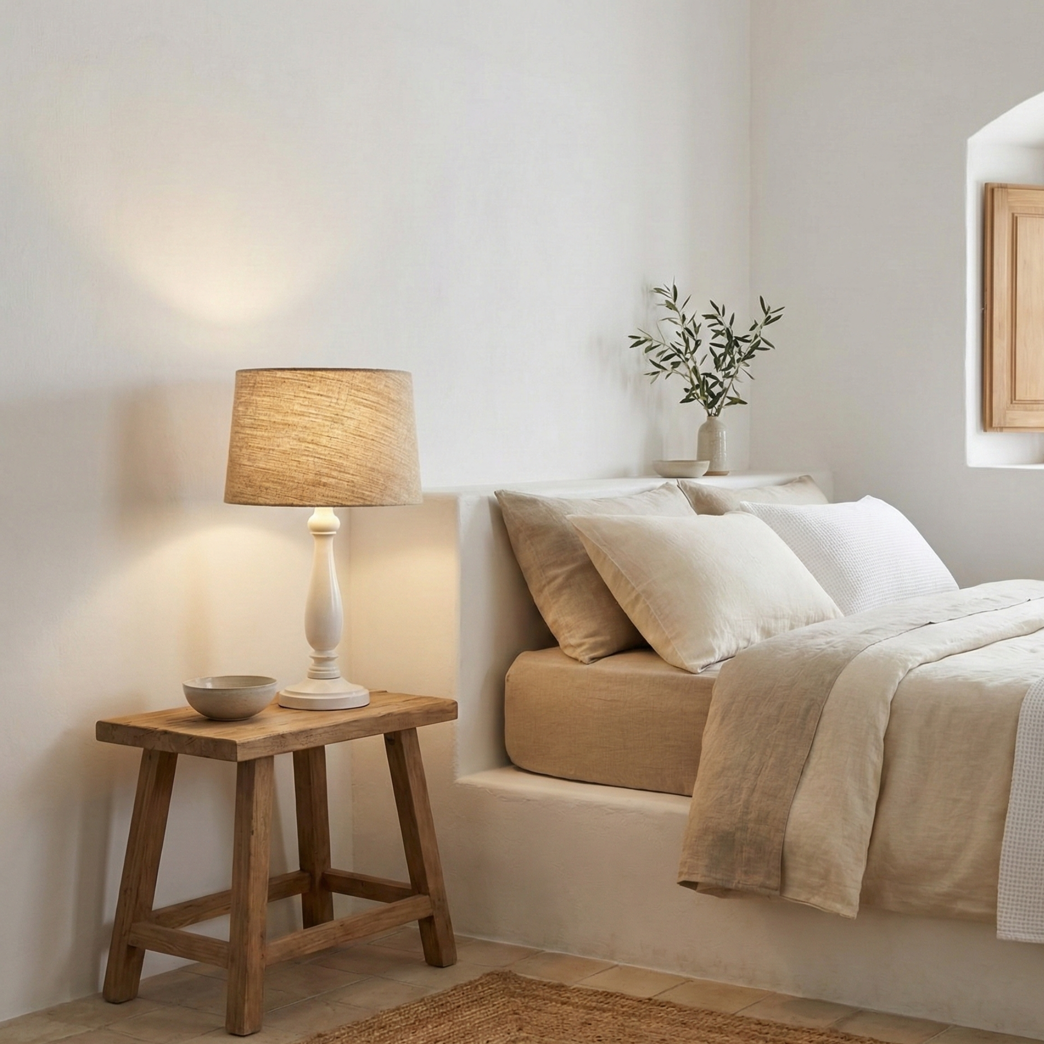 Lampe de Table Artisanale en Bois Tourné & Lin – Design Chic Tunisie