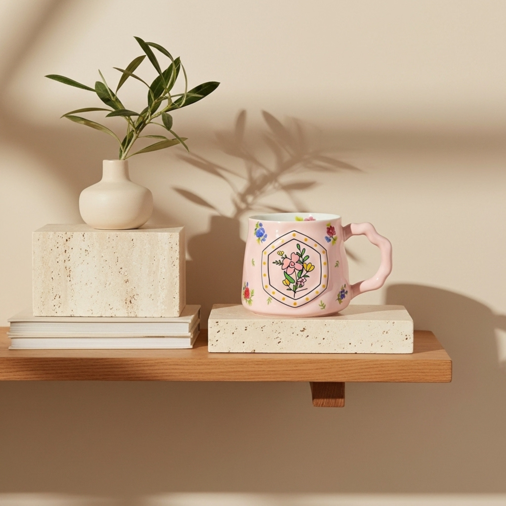Mug Céramique Fleurie – Anse Sculptée, Minimal | Fiolla Home