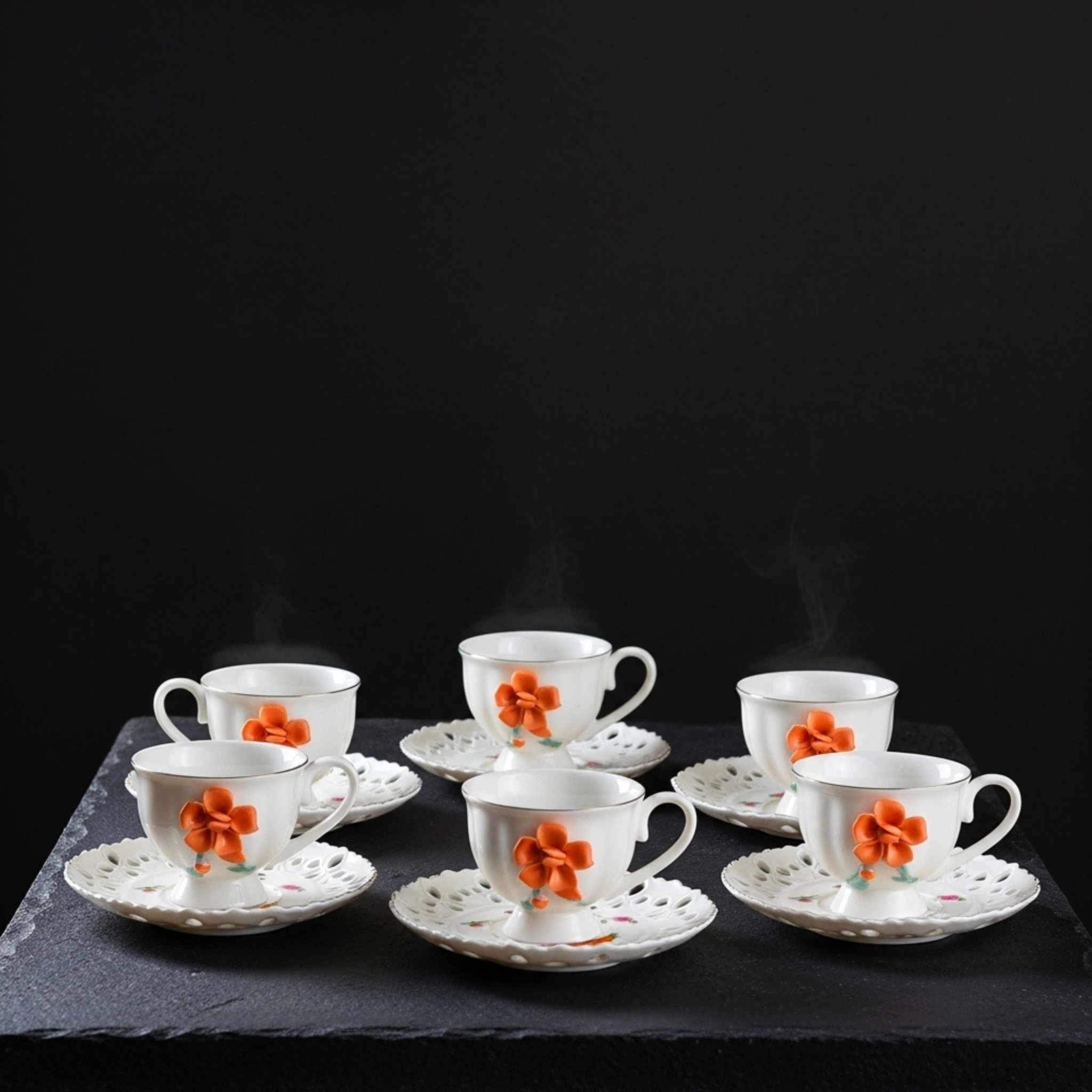 Service Café Noir Porcelaine Fine – 6 Tasses + 6 Soucoupes