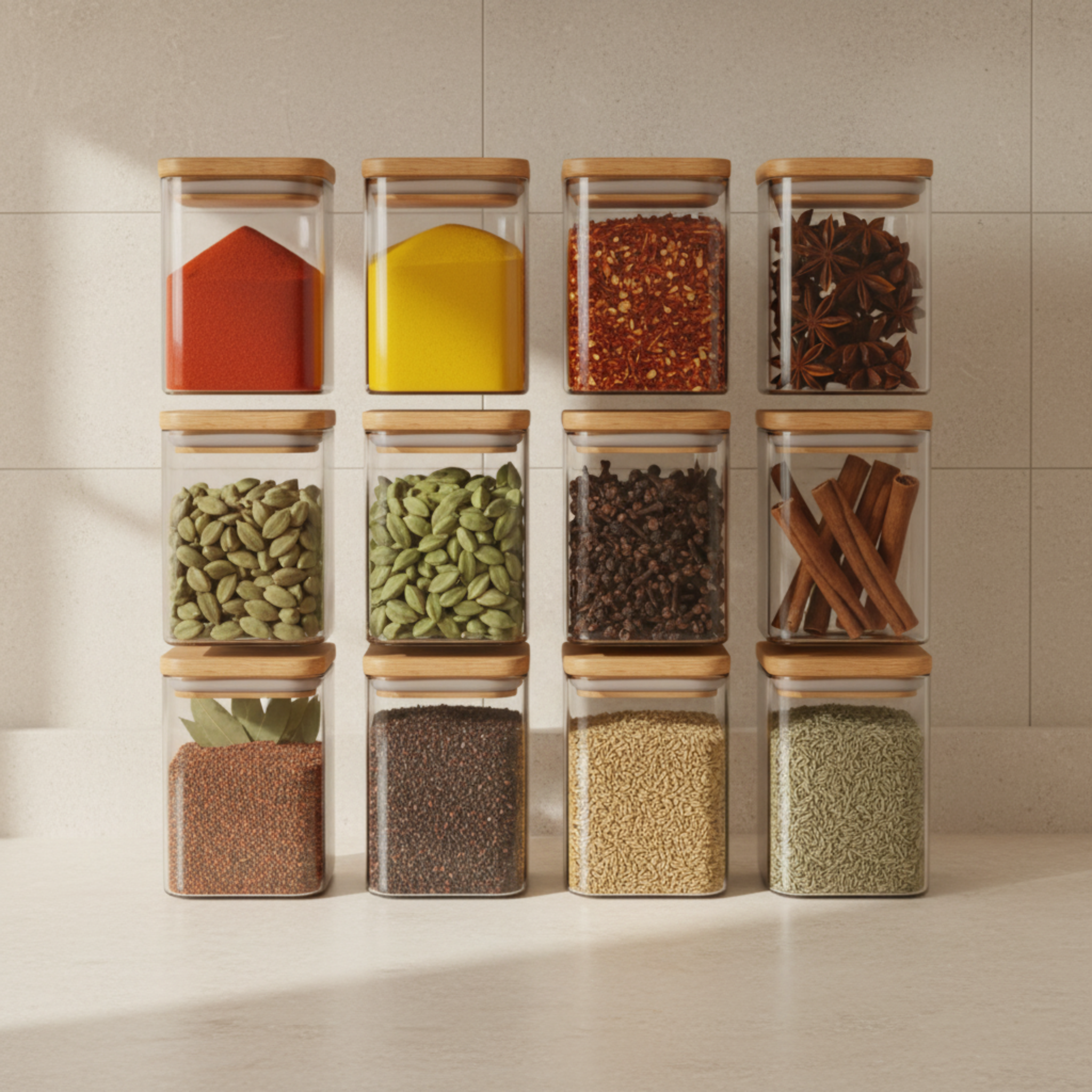 Set 12 Pots Épices Verre & Bambou – Rangement Cuisine Design