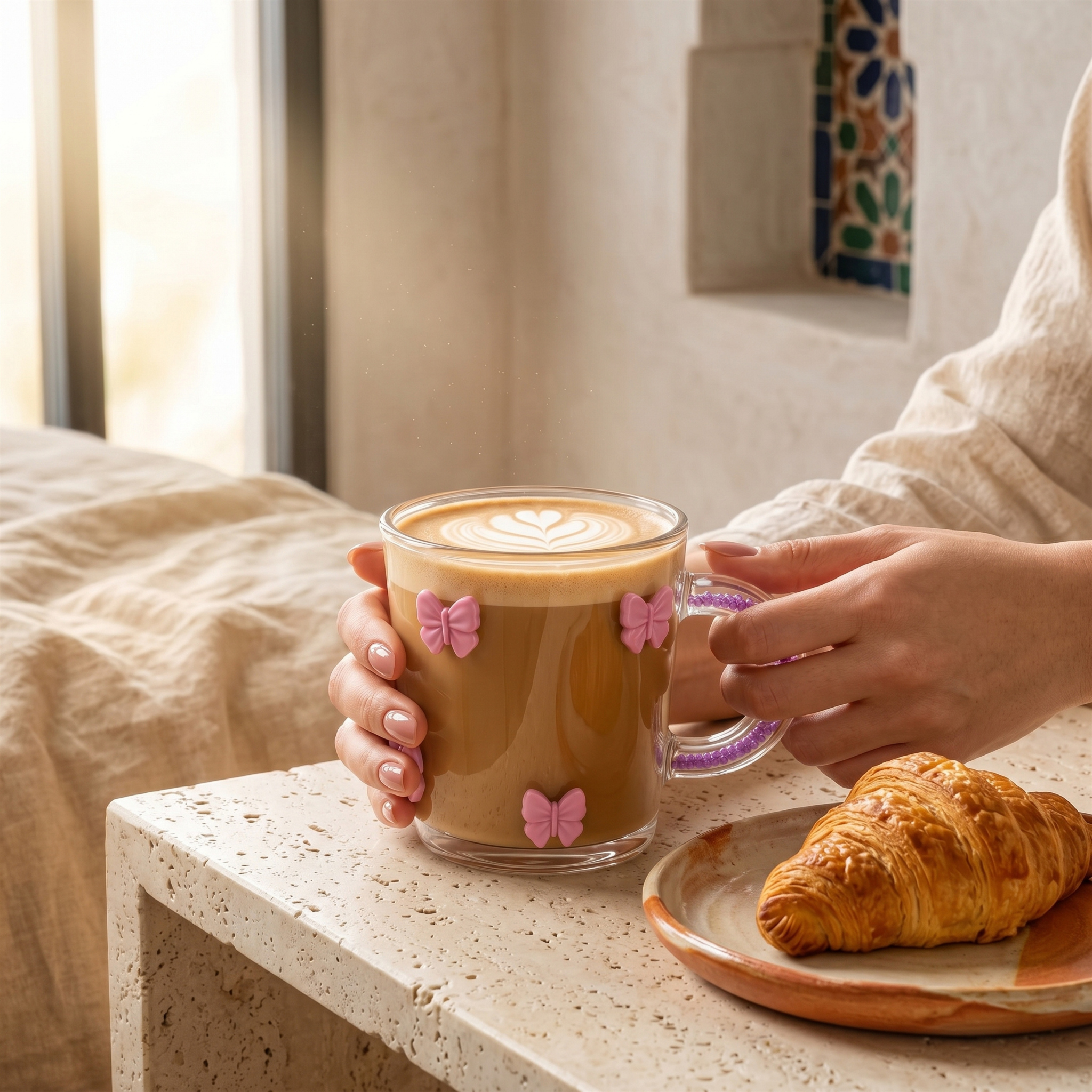 Mug Verre Papillons Roses Tunisie | Tasse Anse Cristal | Fiolla Home