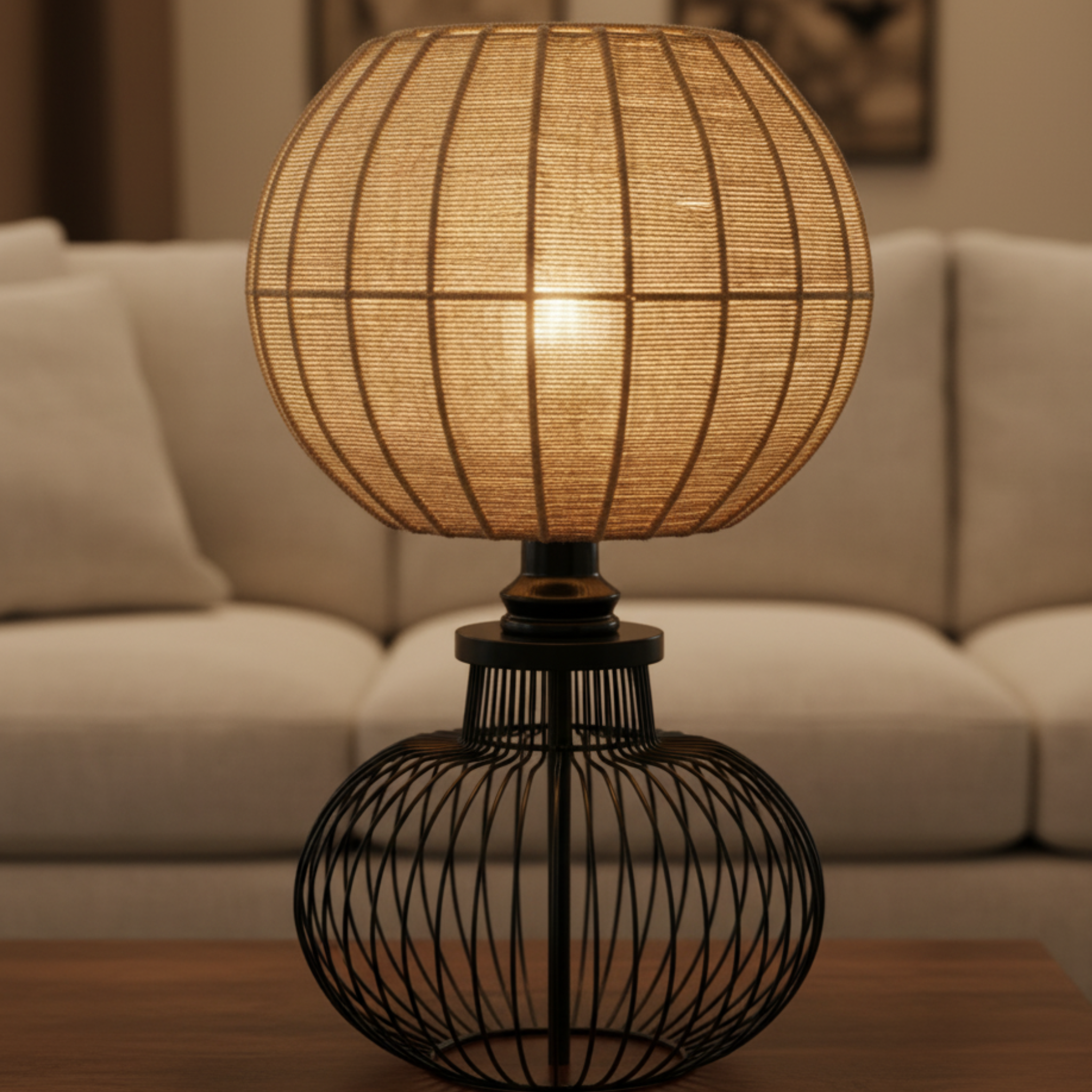 Lampe de Table Tête Jute Handmade | Base Métal Noir | Tunisie