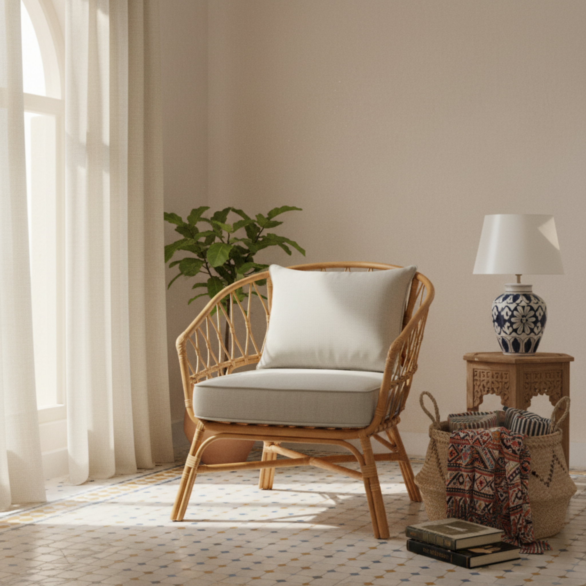 Chaise en Rotin avec Coussin Robuste – Confort Naturel & Élégance en Tunisie