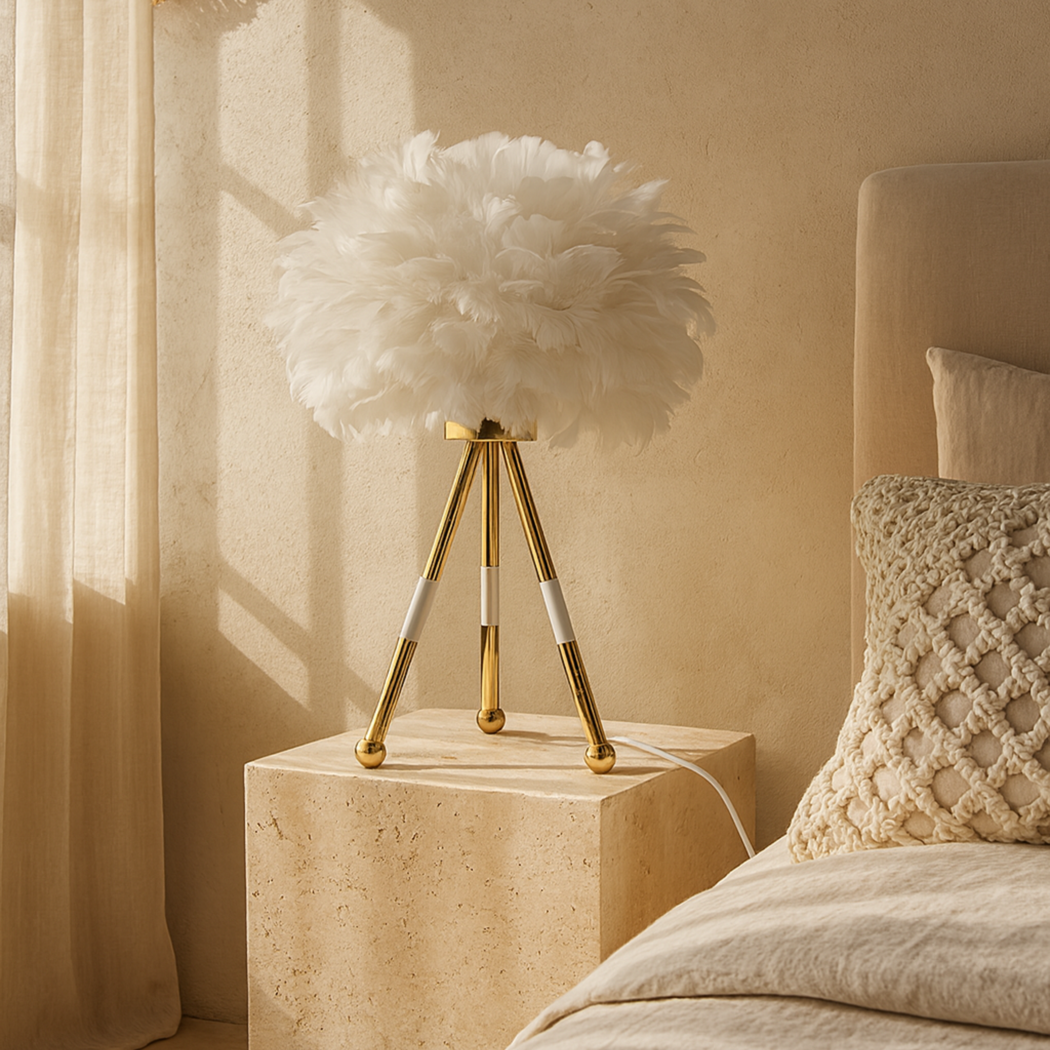 Lampe à Plumes Tripode Blanc et Doré – Design Bohème Chic
