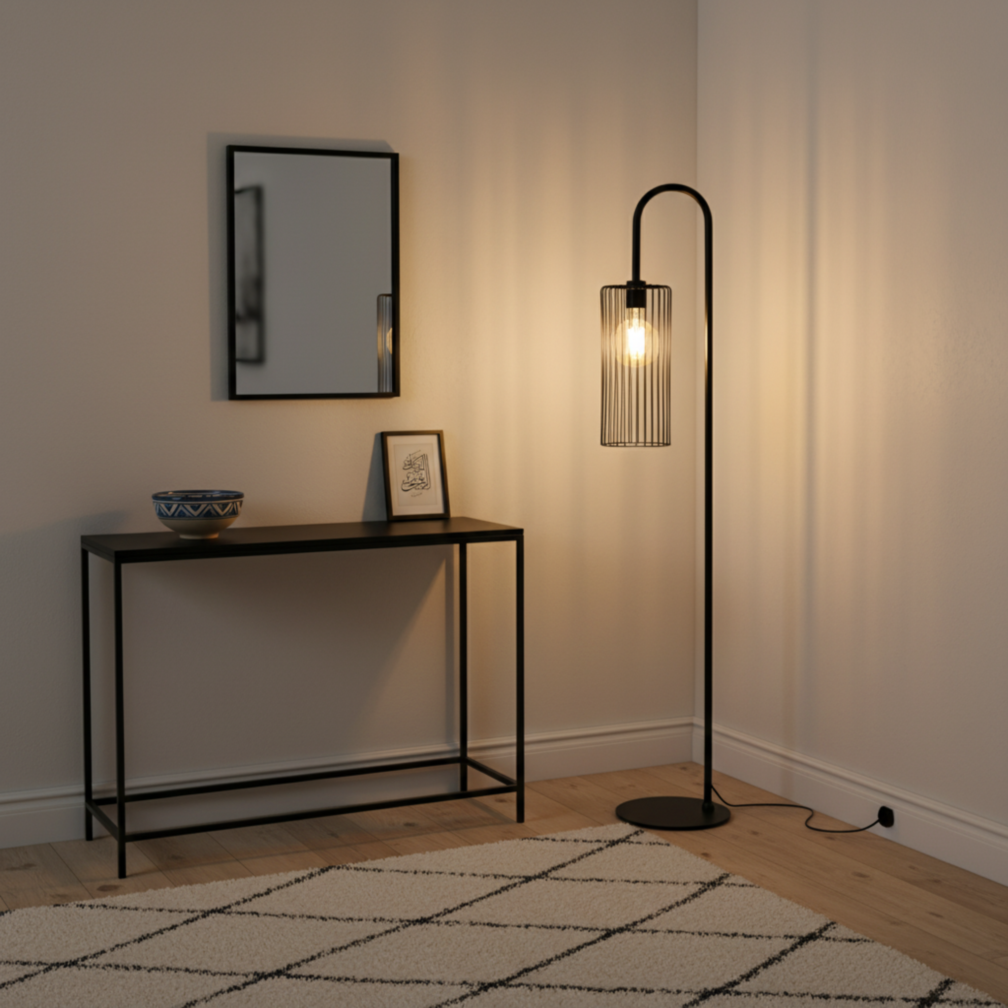 Lampadaire Trépied Métal Noir & Abat-Jour Effet Tweed – Design Moderne