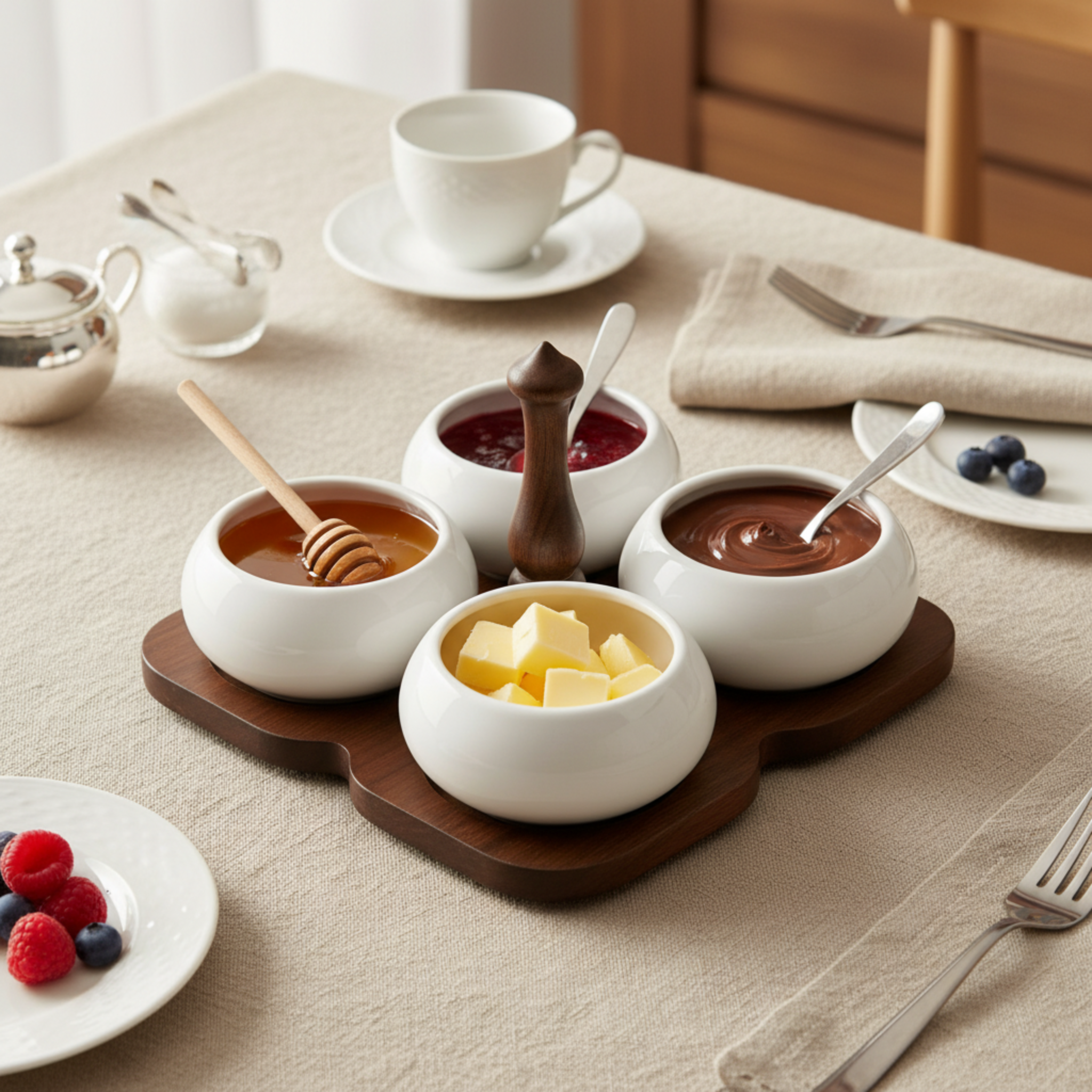 Service Apéritif 4 Bols Céramique & Plateau Bois – Design Élégant