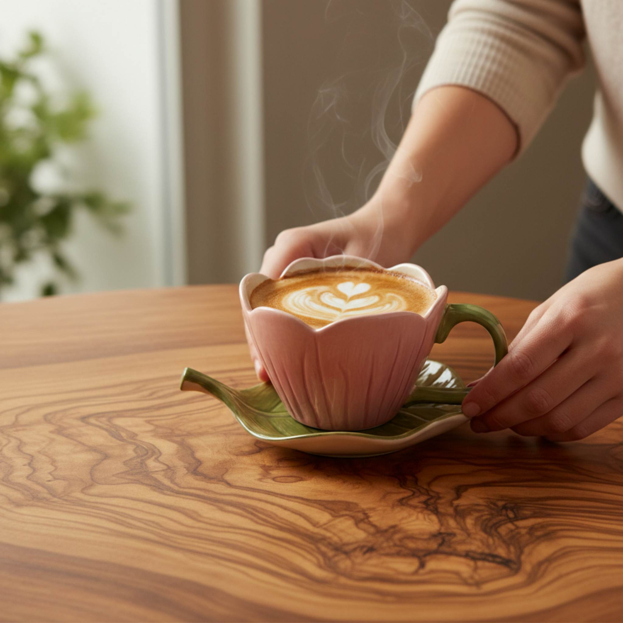 Mug Fleur Rose en Céramique avec Sous-Tasse Feuille – Style Bohème