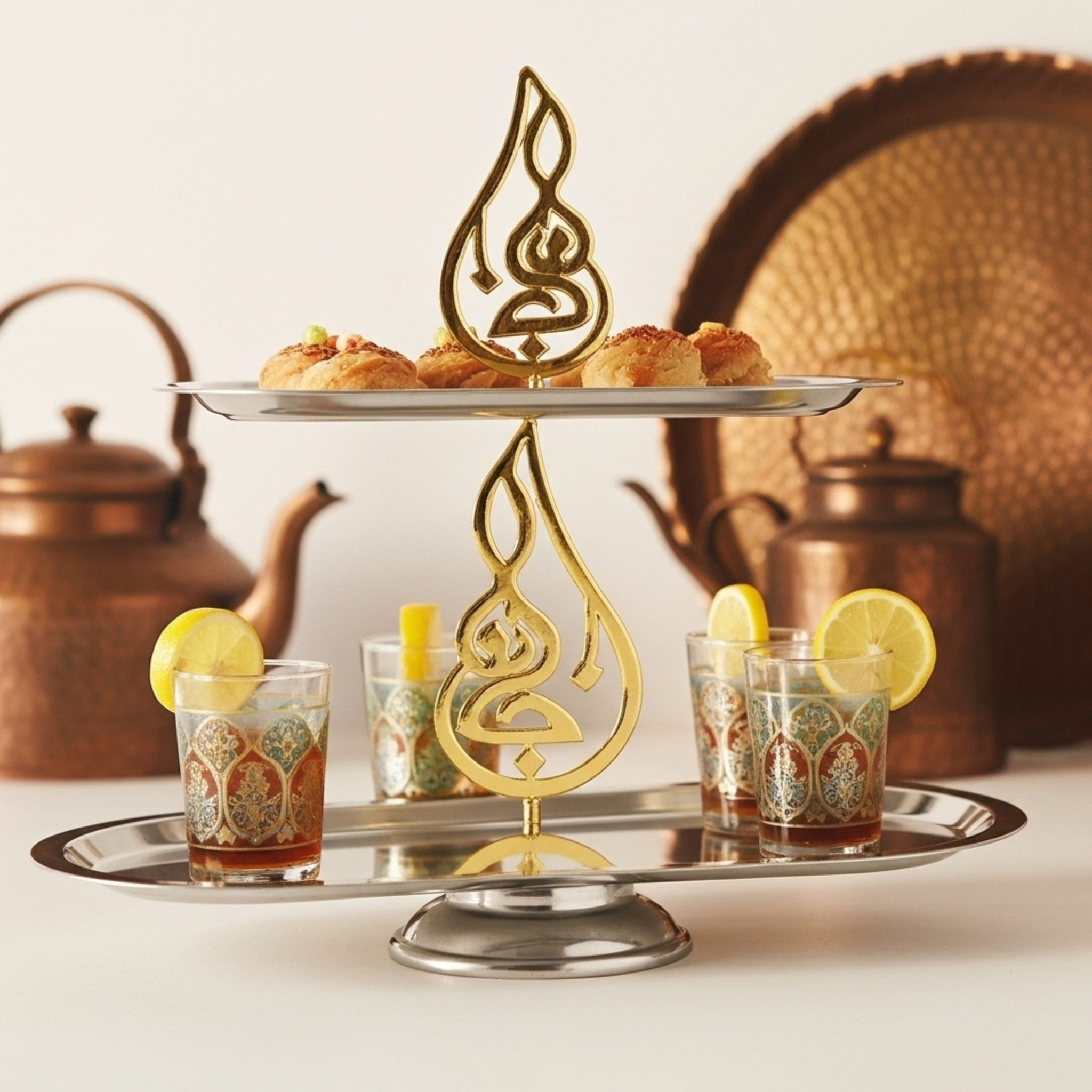 Présentoir Inox 2 Niveaux – Calligraphie Dorée | Fiolla Home Tunisie