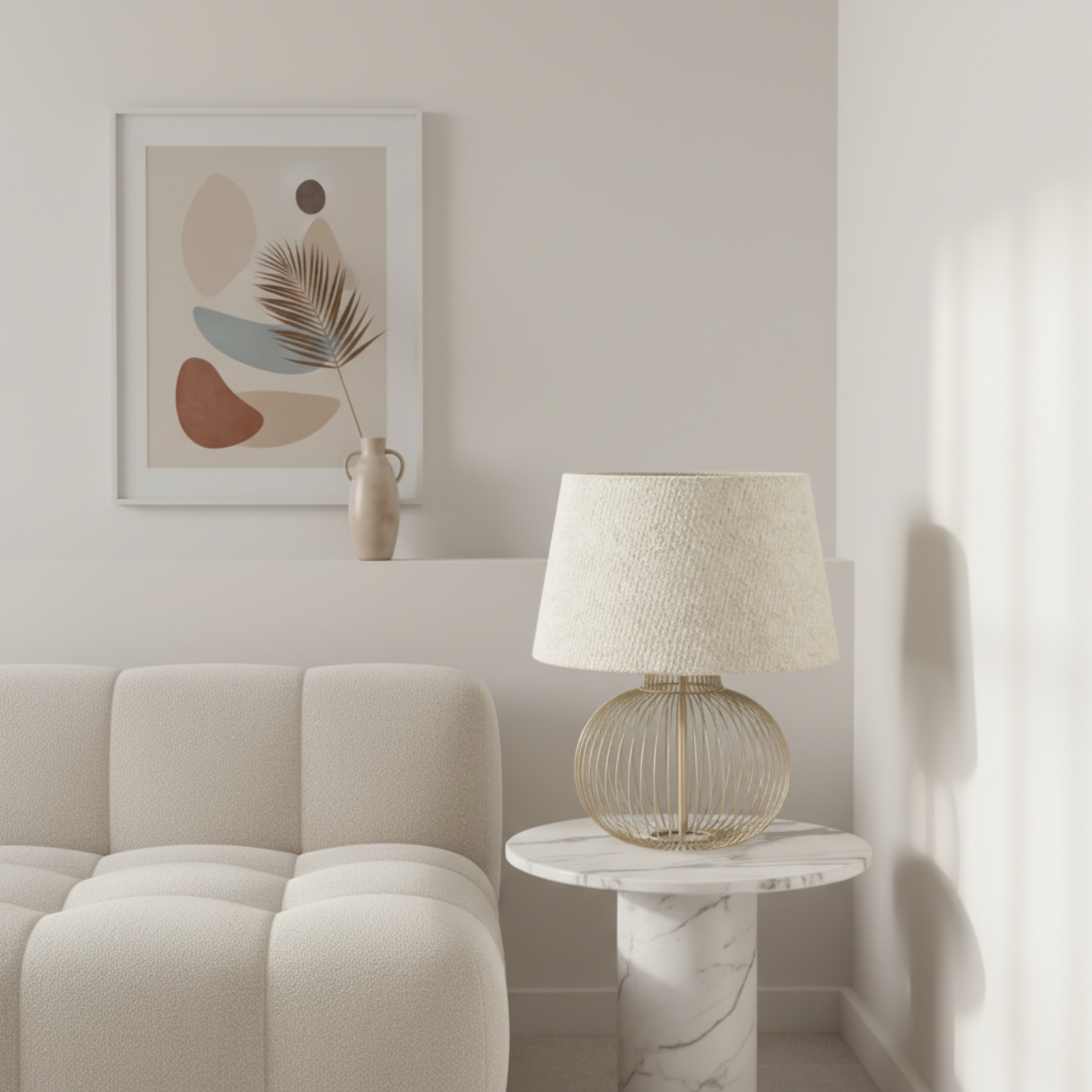 Lampe de Table Grège en Tissu Bouclette et Pied Filaire Design