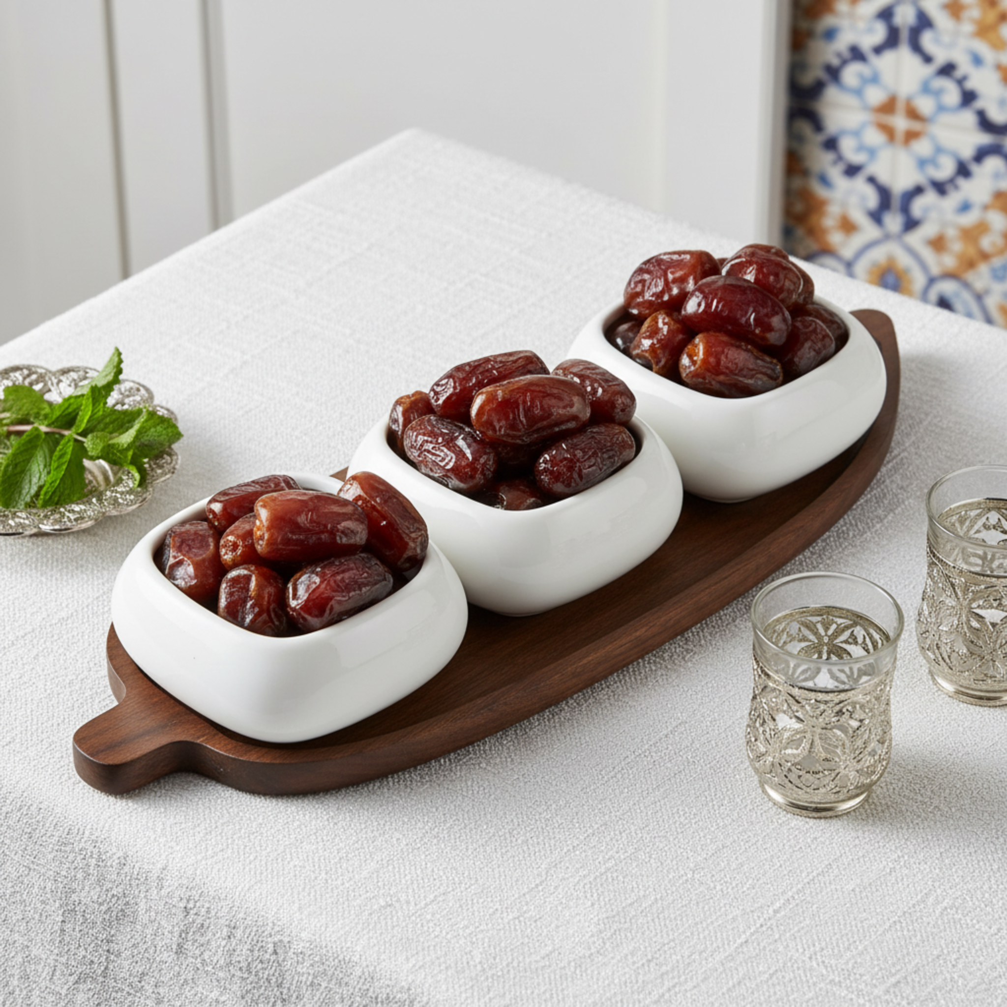 Service Apéritif Design : 3 Bols Céramique & Plateau Bois Ovale