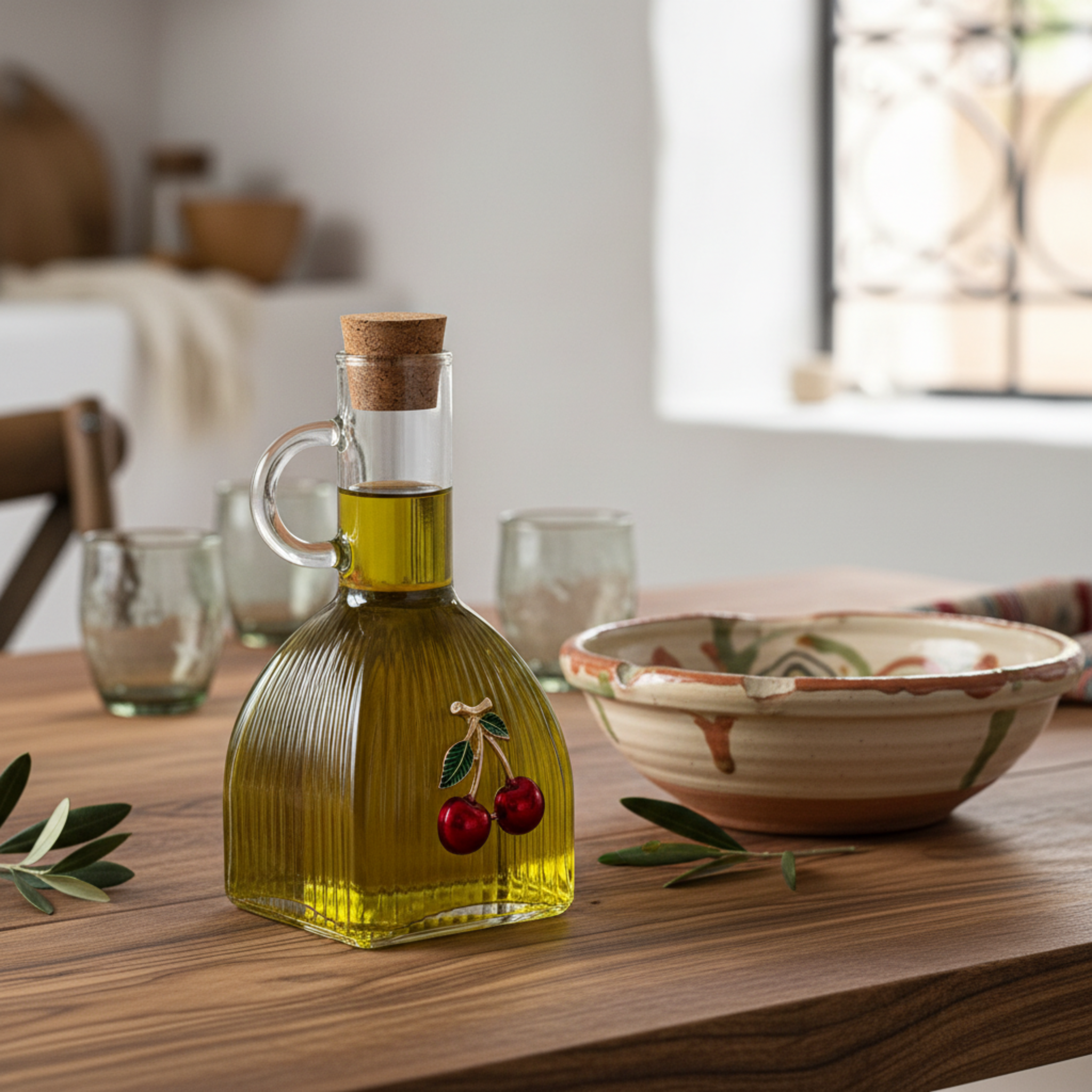 Huilier en Verre Côtelé Motif Cerises - Design Élégant Tunisie