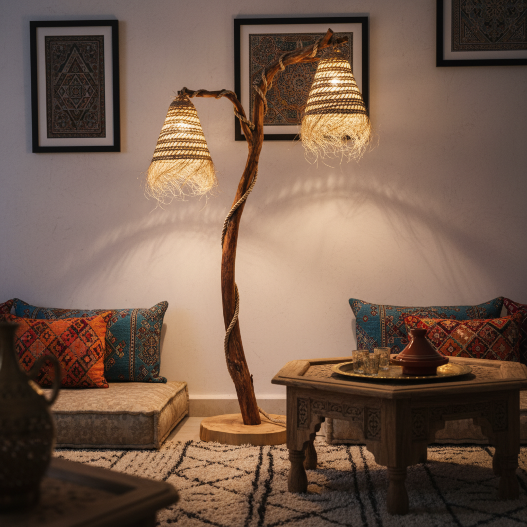 Lampadaire Artisanal en Bois Flotté et Fibres Naturelles – Design Unique