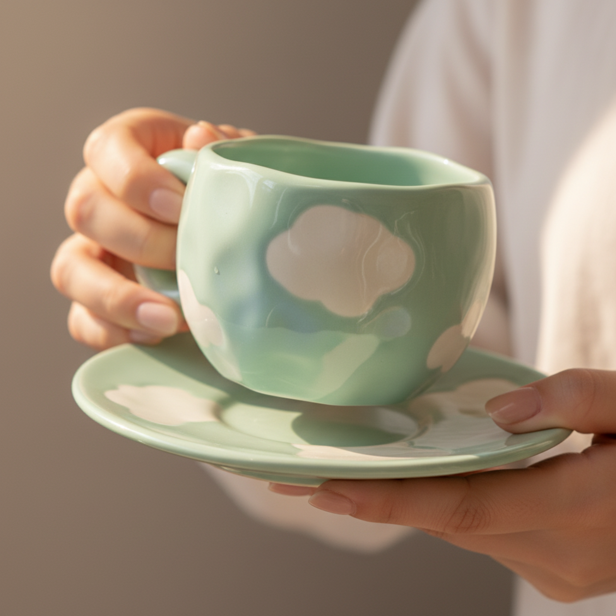 Mug Céramique "Nuage" — Tasse Design Chunky & Soucoupe (Pastel)